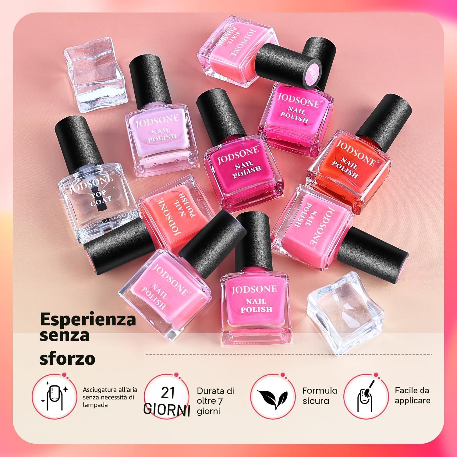 JODSONE Set Smalto Rosa 12 Pezzi, 10 Colori con Base e Top Coat, Asciugatura Rapida, Lunga Durata, Regalo per le Feste, 5 ml