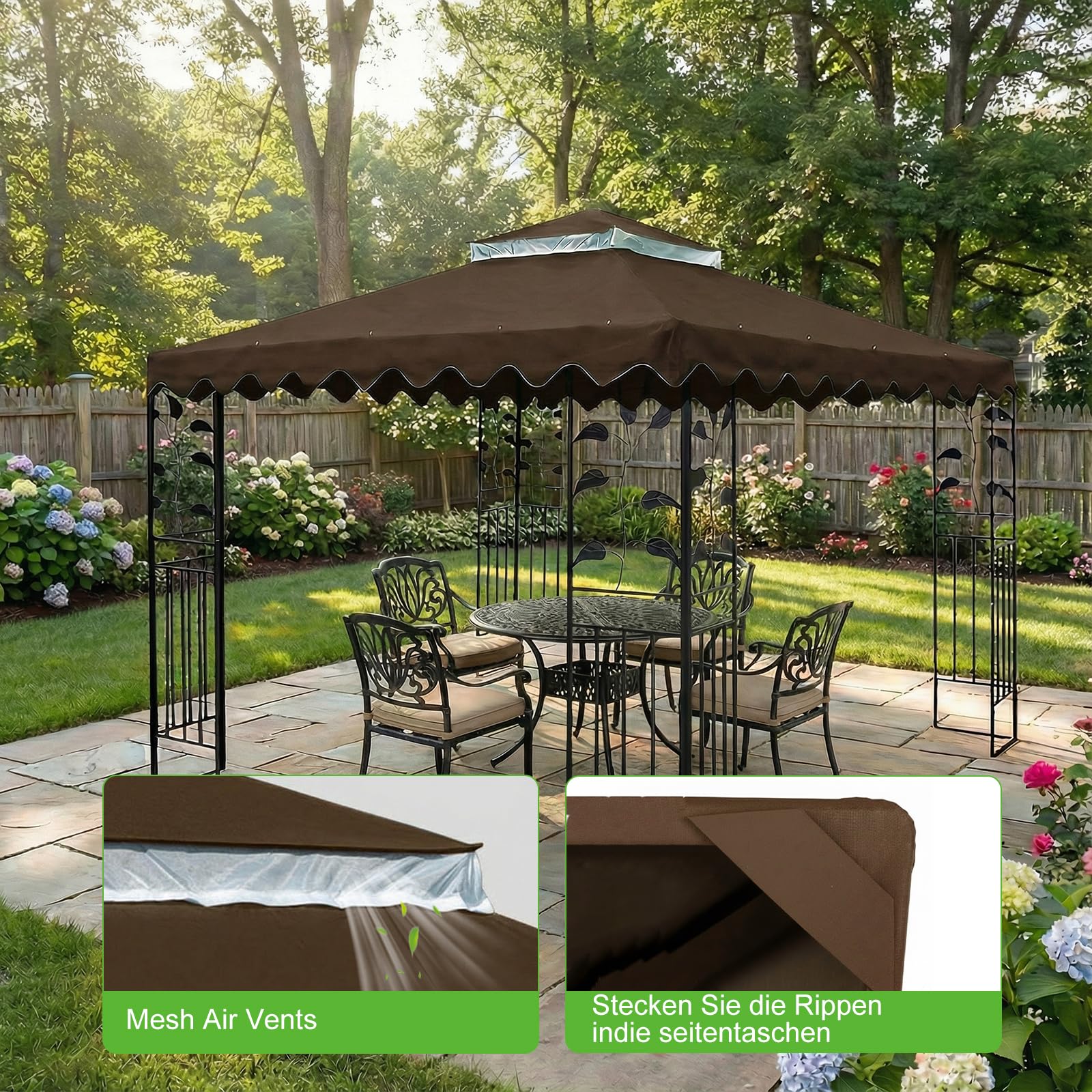 OKYUK Ersatzdach für Pavillon, mit atmungsaktivem Netz, UV-beständig, stabiler wasserdichter Doppeldach-Konstruktion, einschließlich Entwässerungslöchern, ideal für 3 x 3 m Gartenpavillons