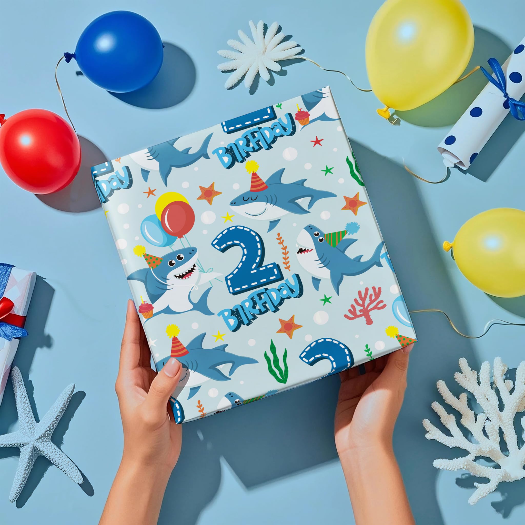 WRAPAHOLIC Rollo de papel de regalo de segundo cumpleaños – Mini rollo – 17 pulgadas x 16.5 pies – Papel de regalo colorido de tiburón océano perfecto para cumpleaños de niños, baby shower