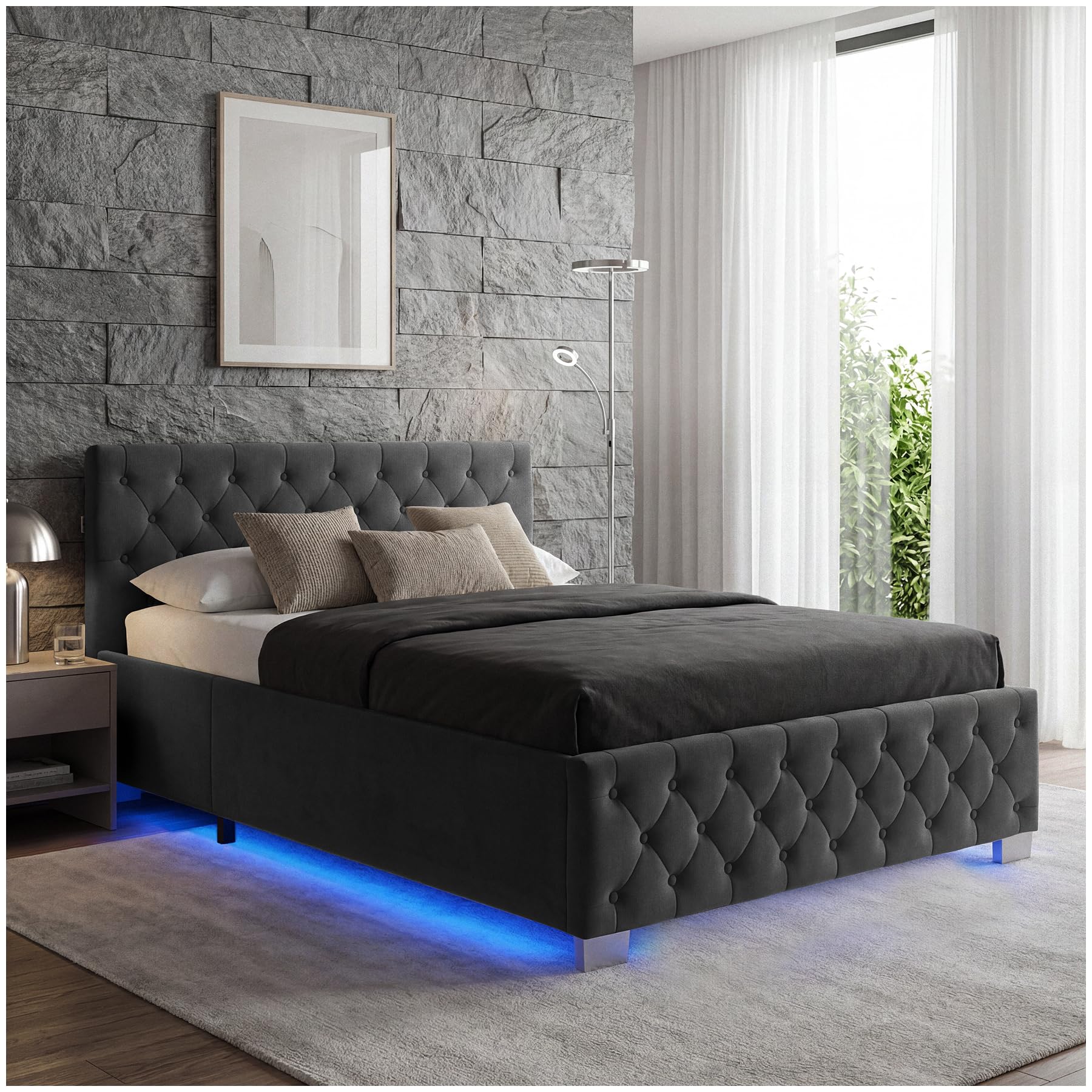 tectake® Cama Tapizada de Terciopelo con Leds, Canape Somier Abatible, Acero Estable, Cama Alta con 300 kg de Capacidad, Mando, Acolchado Chesterfield, Iluminación LED - 217 x 187,5 cm Negro