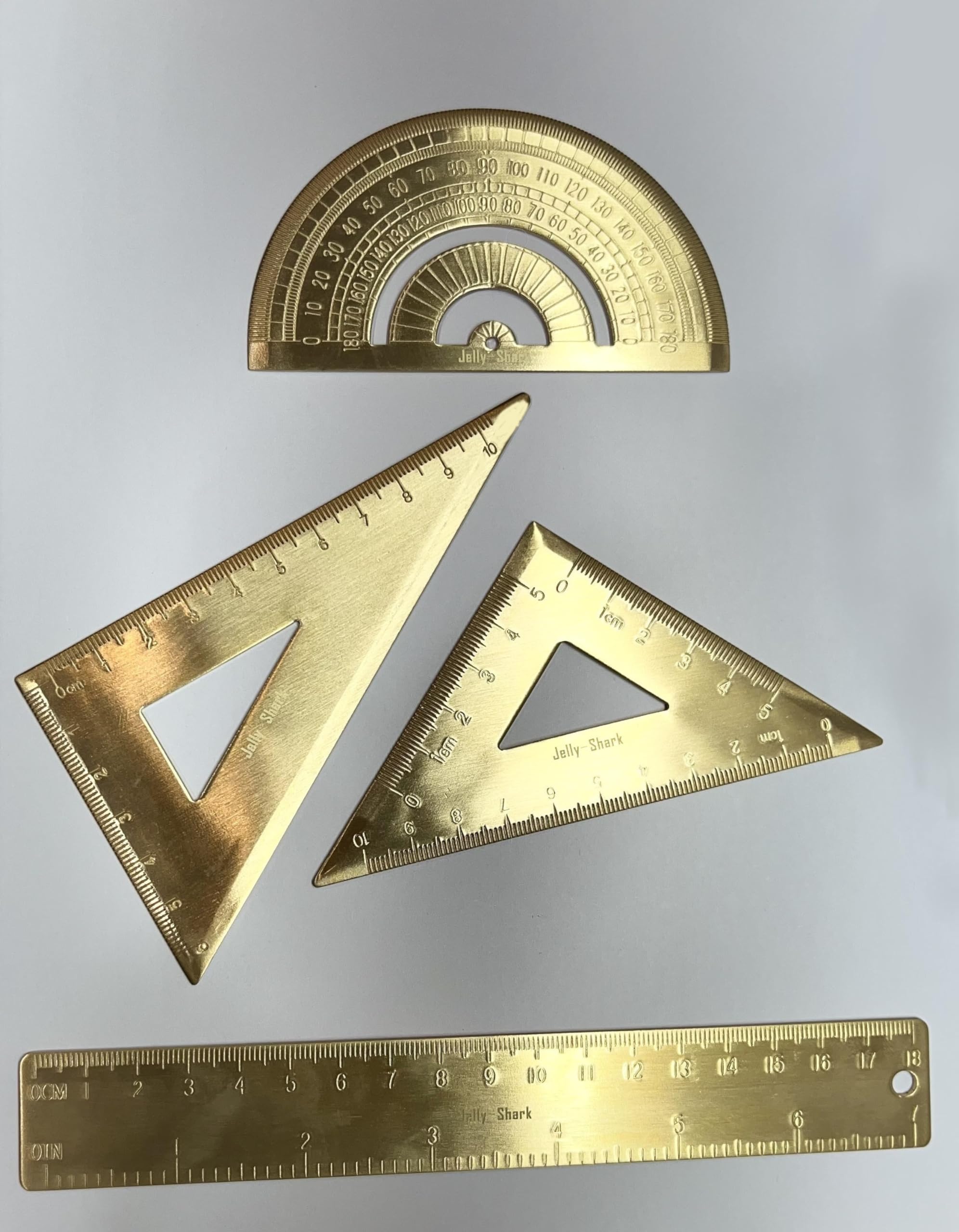 Golden Brass Ruler Stationery Set - Durable Brass Ruler (Isosceles - Right Triangular, 18cm Scale, Protractor)