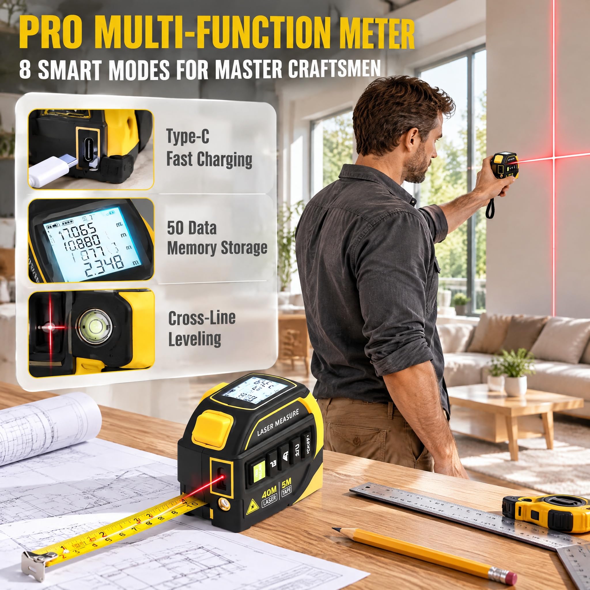 Digitales Maßband Mit Laser 4 in 1 mit Display, Entfernungsmesser 40 m mit Kreuzlinien, Digitales Messwerkzeug mit Doppelachswinkel und 5 m Carbonstahl Bandmaß, Typ C Lithium Akku
