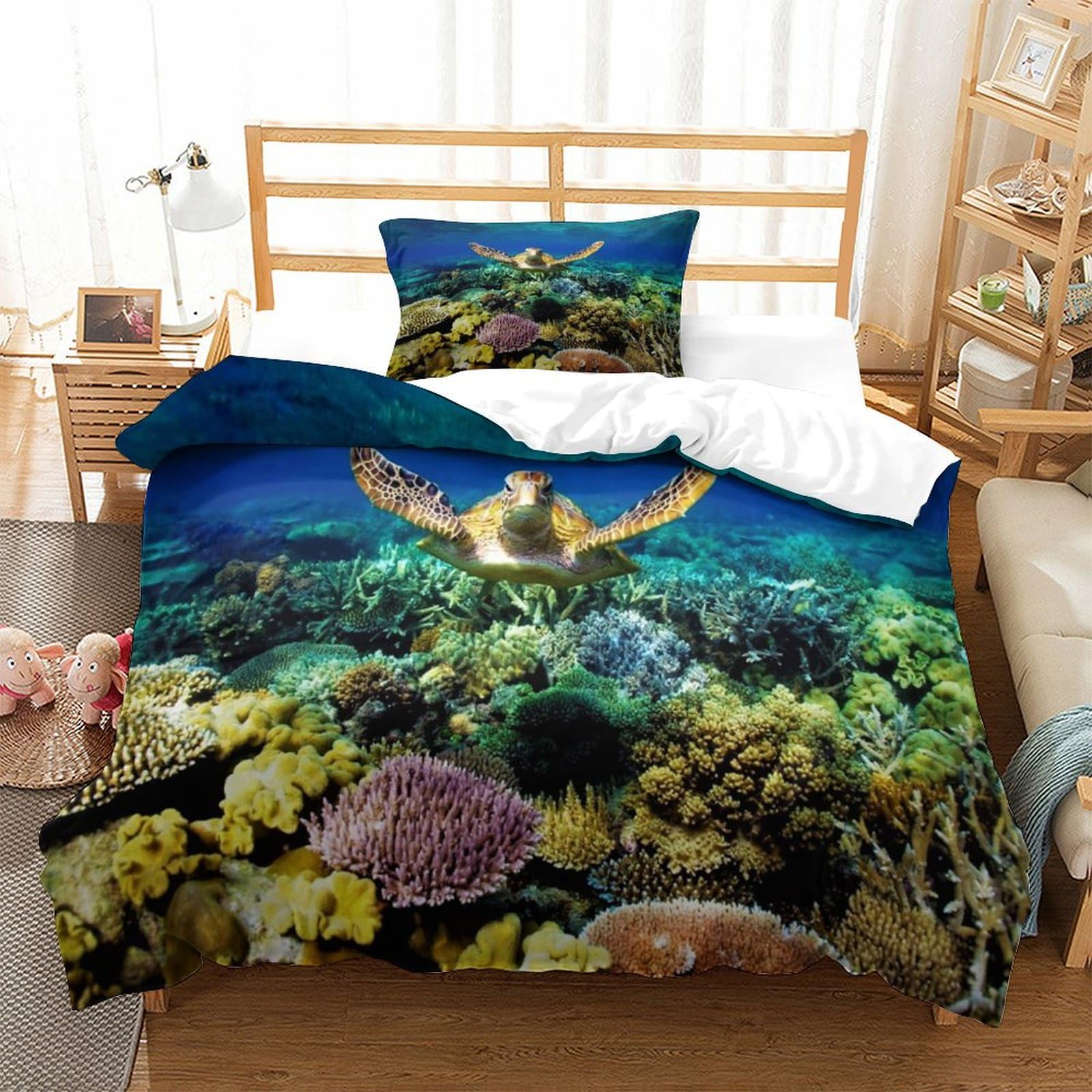 P1s9u7w5y Sea Turtle Underwater Coral 3D Printed Duvet Cover Set 3Pcs Microfiber Sea Life Bedding Set Single（135X200cm）
