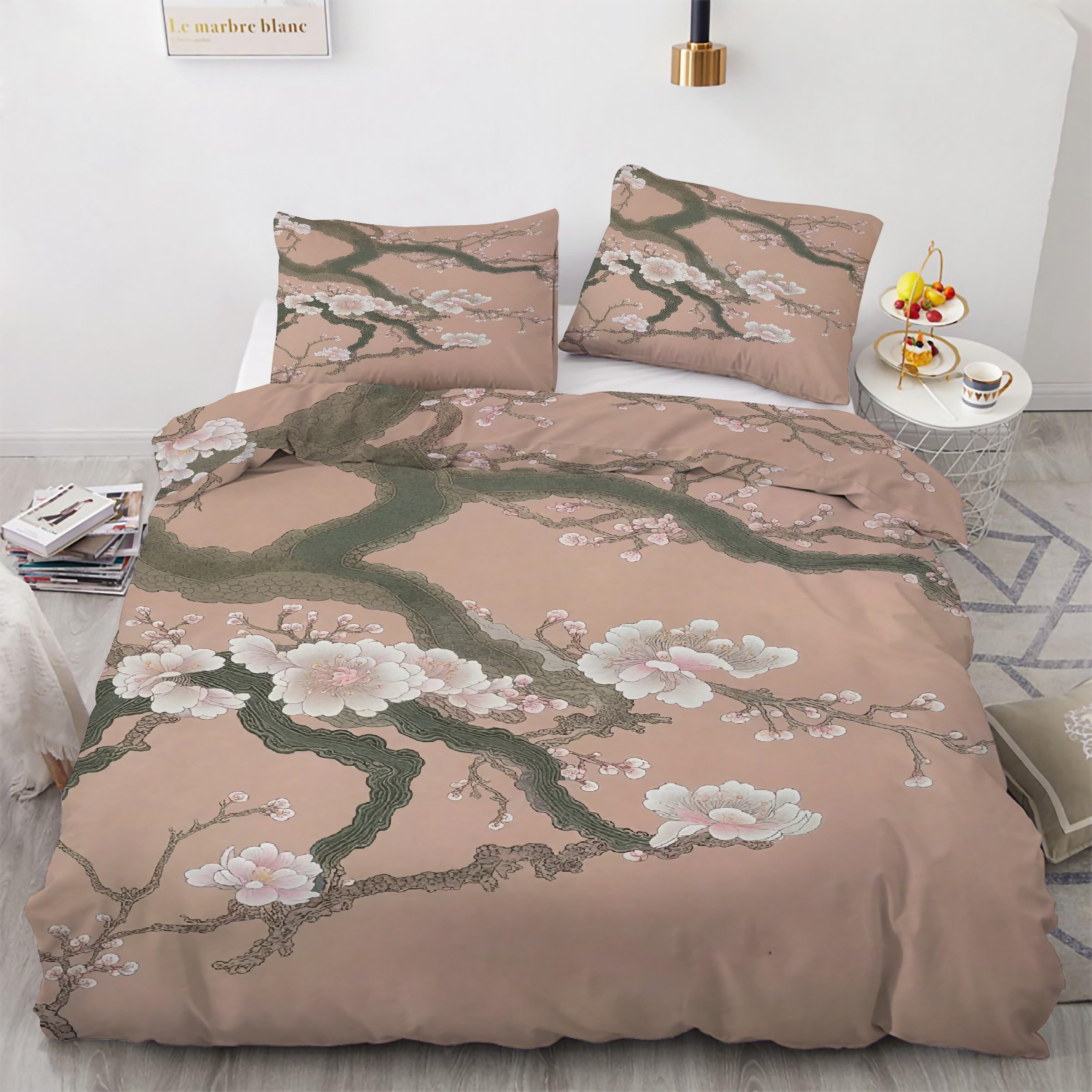 Parure de lit rose fleur de pêche 240x260 cm avec housse de couette et taies