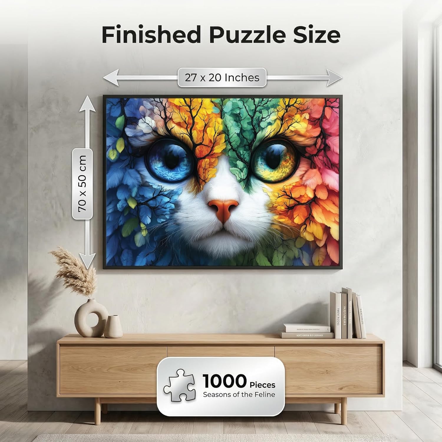Seasons of The Feline 1000 Piece Jigsaw Puzzle, Four Seasons Cat Art Puzzle for Adults, Vibrant Colors, Premium Magnetic Box & Poster, Challenging Puzzle Gift for Cat & Nature Lovers