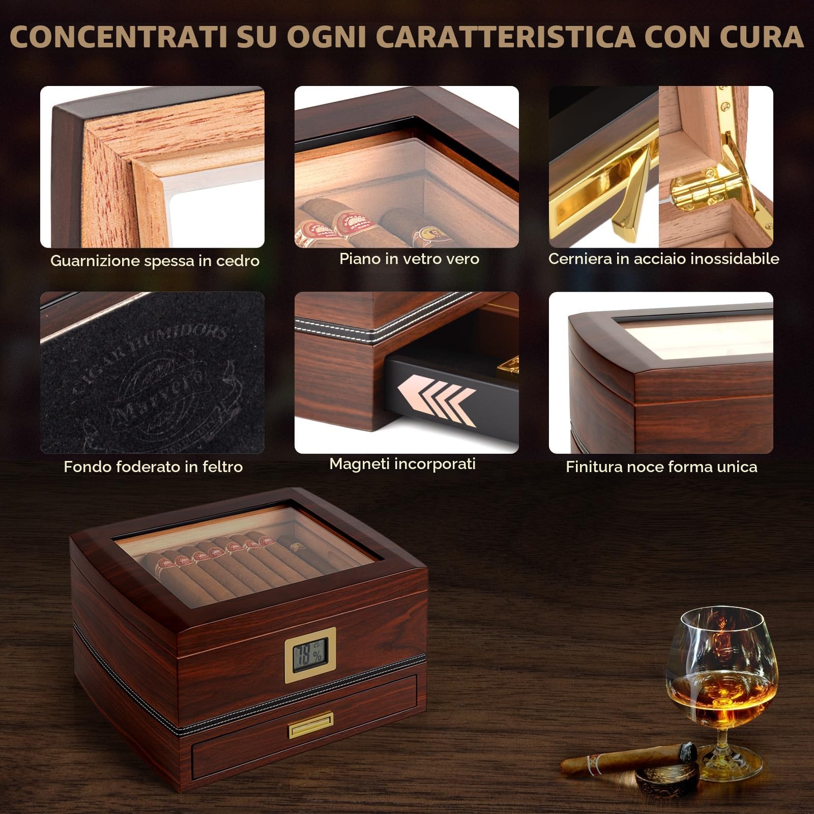 Humidor in Cedro per 75 Sigari, Igrometro, Finitura Noce | Cedro spagnolo, vetro temperato, igrometro, umidificatore, 2 divisori e cassetto accessori in feltro; fino a 75 sigari