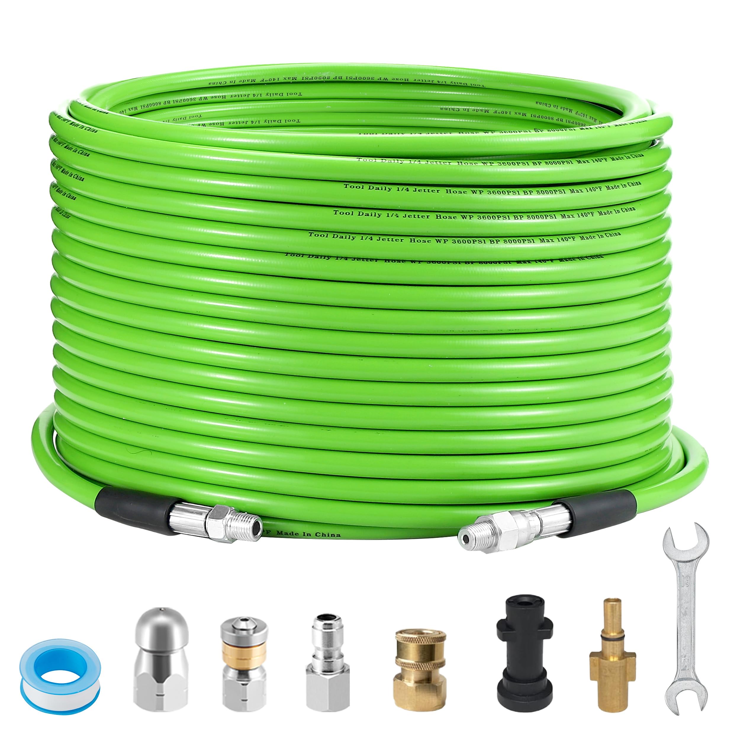 Tool Daily 15m Tuyau Déboucheur Canalisation pour Karcher K2-K7 & Bosch AQT | Kit de Débouchage, Furet Deboucheur Canalisation avec 4 Adaptateurs Nettoyeur Haute Pression, Buse à Jet et Rotative, 250 bar