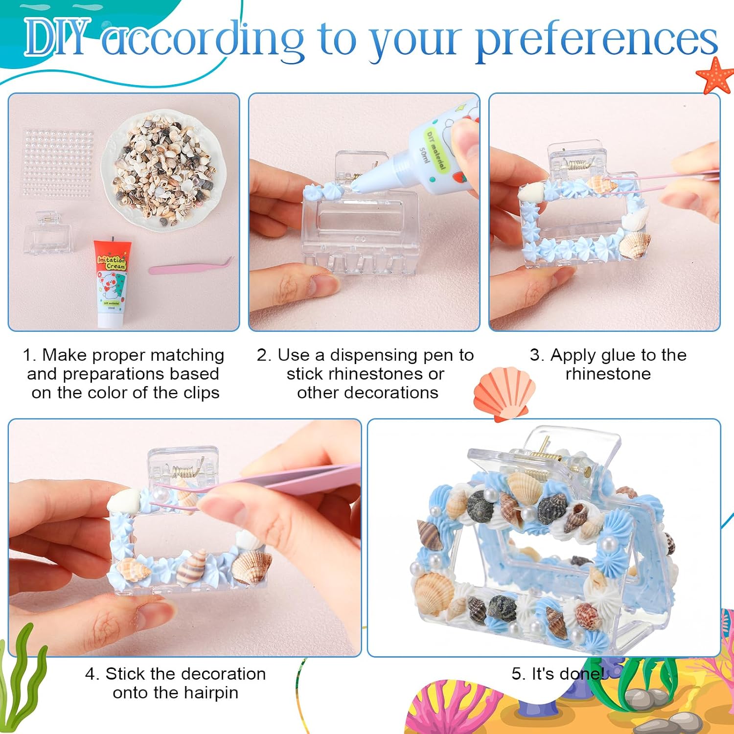 Suncalla 6 Set DIY Hair Claw Clips Kit Acrylic Claw Clip with Resin Rhinestones Pearls Hair Clips with Strong Hold Non-slip Banana Barrettes for Women Party Crafting Night DIY (Shell)