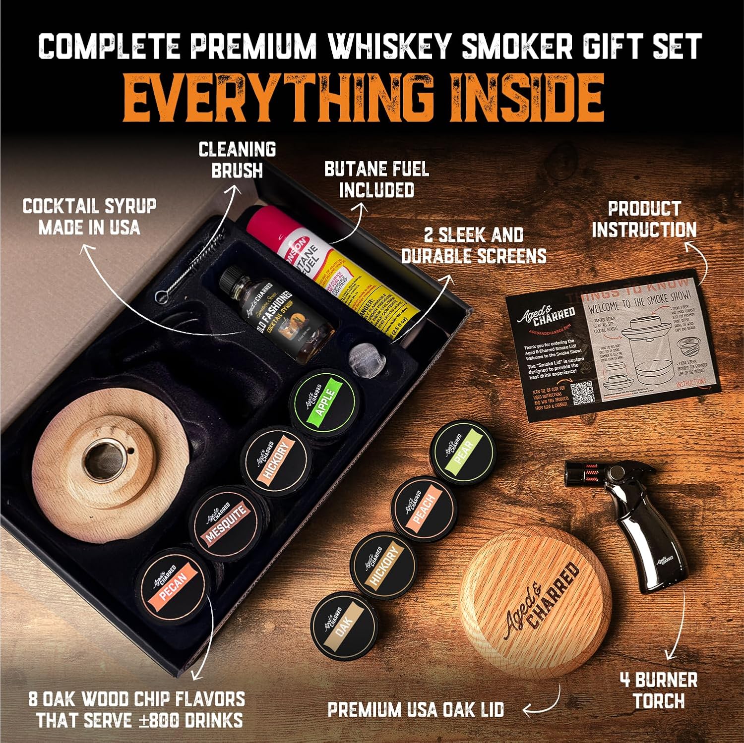 Whiskey Smoker Kit with Torch and Butane and Old Fashioned Syrup - 8 Flavors Wood Chips, 100% USA Oak, High-End Set - Old Fashioned Bourbon Cocktail Smoker Kit Gift for Men Dad - Image 4