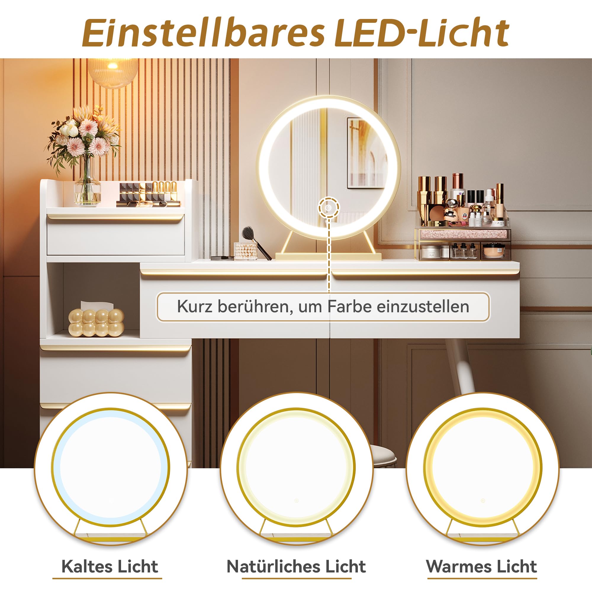 Tavolo da toeletta con ripiano estraibile, 6 cassetti e maniglie dorate, specchio a LED con luce dimmerabile, sgabello non incluso, bianco, 102 x 100 x 41,5 cm