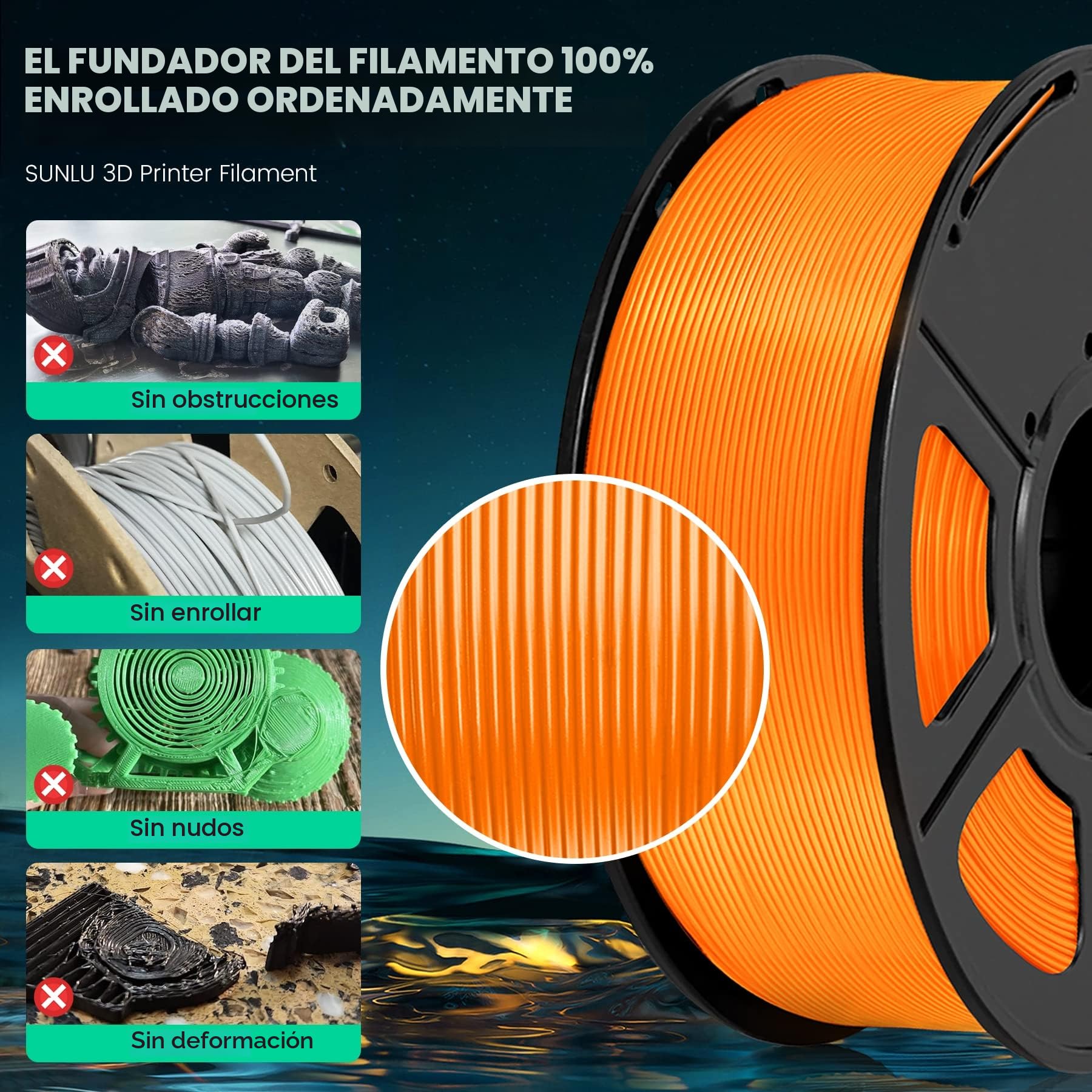 SUNLU PLA+ Filamento 1.75mm Negro 1KG para Impresoras 3D FDM