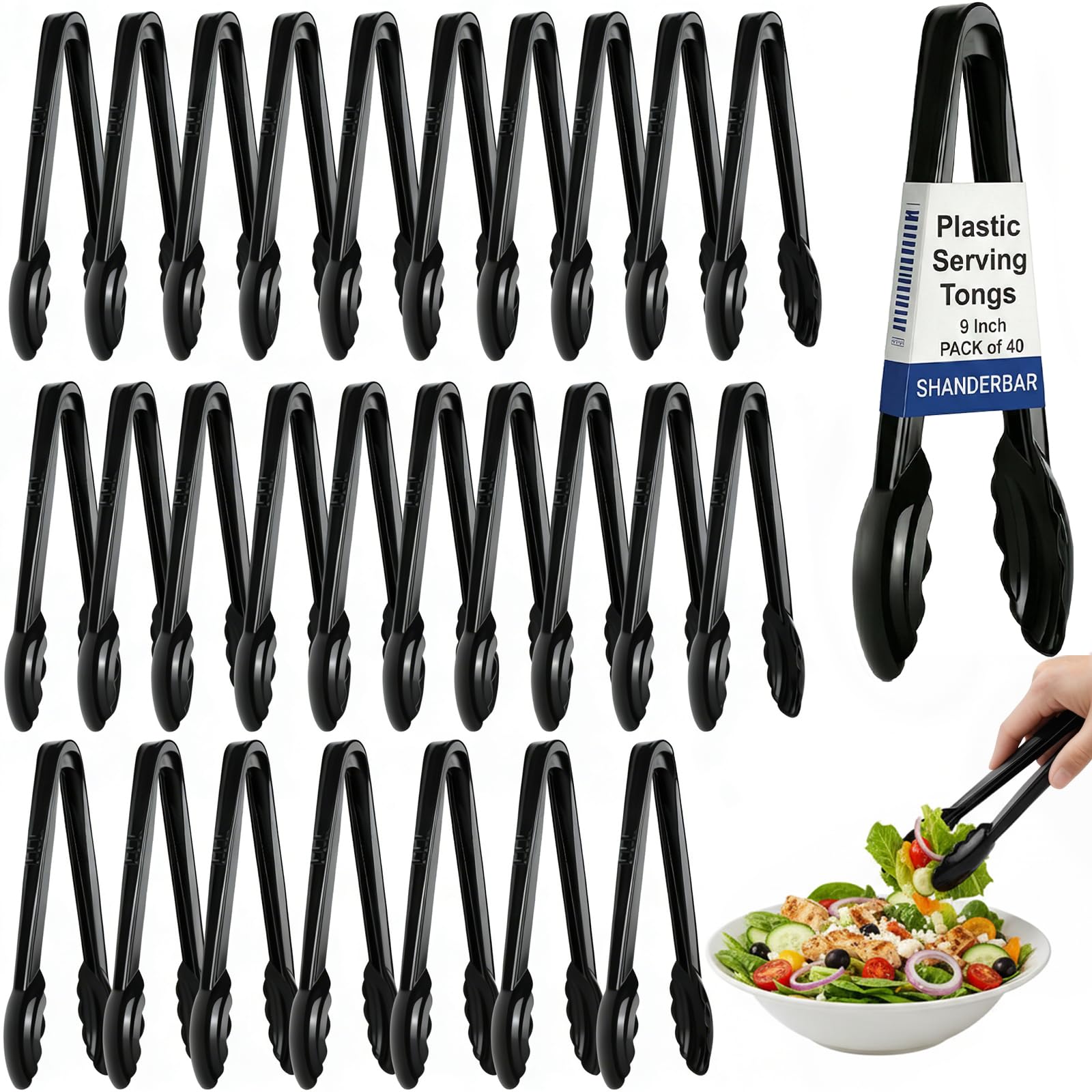 40 pinze in plastica per servire sfuse, 22,9 cm, in plastica, usa e getta, utensili da cucina neri, resistenti per alimenti, buffet, barbecue, cucina, catering, eventi e feste