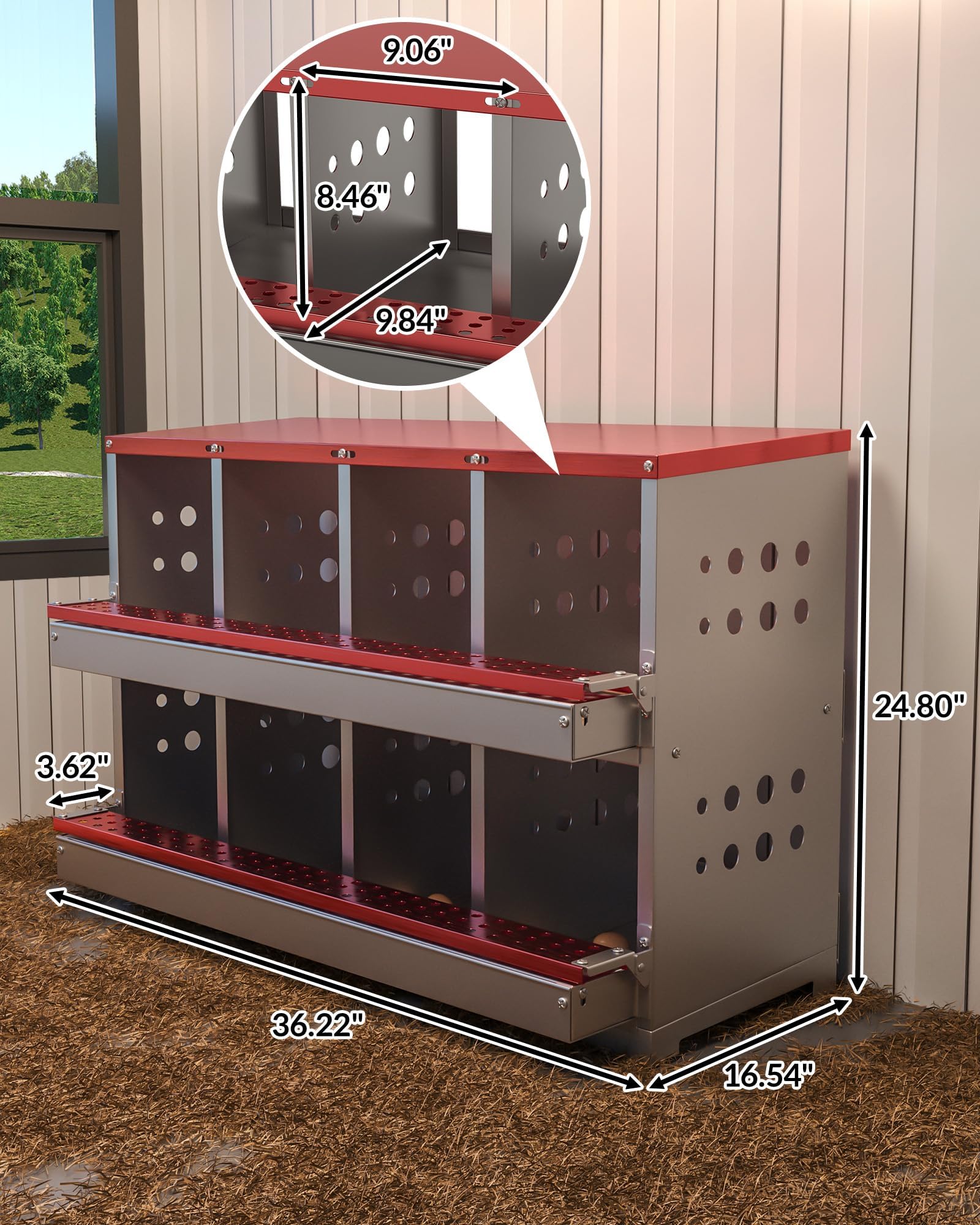 Ponedero para Gallinas de 8 Compartimentos, Nidal en Acero INOX de 2 Niveles, Ponedero Mural Enrollable Fácil de Limpiar, Nidal Resistente para Cría de Aves de Corral y Gallinas, Rojo