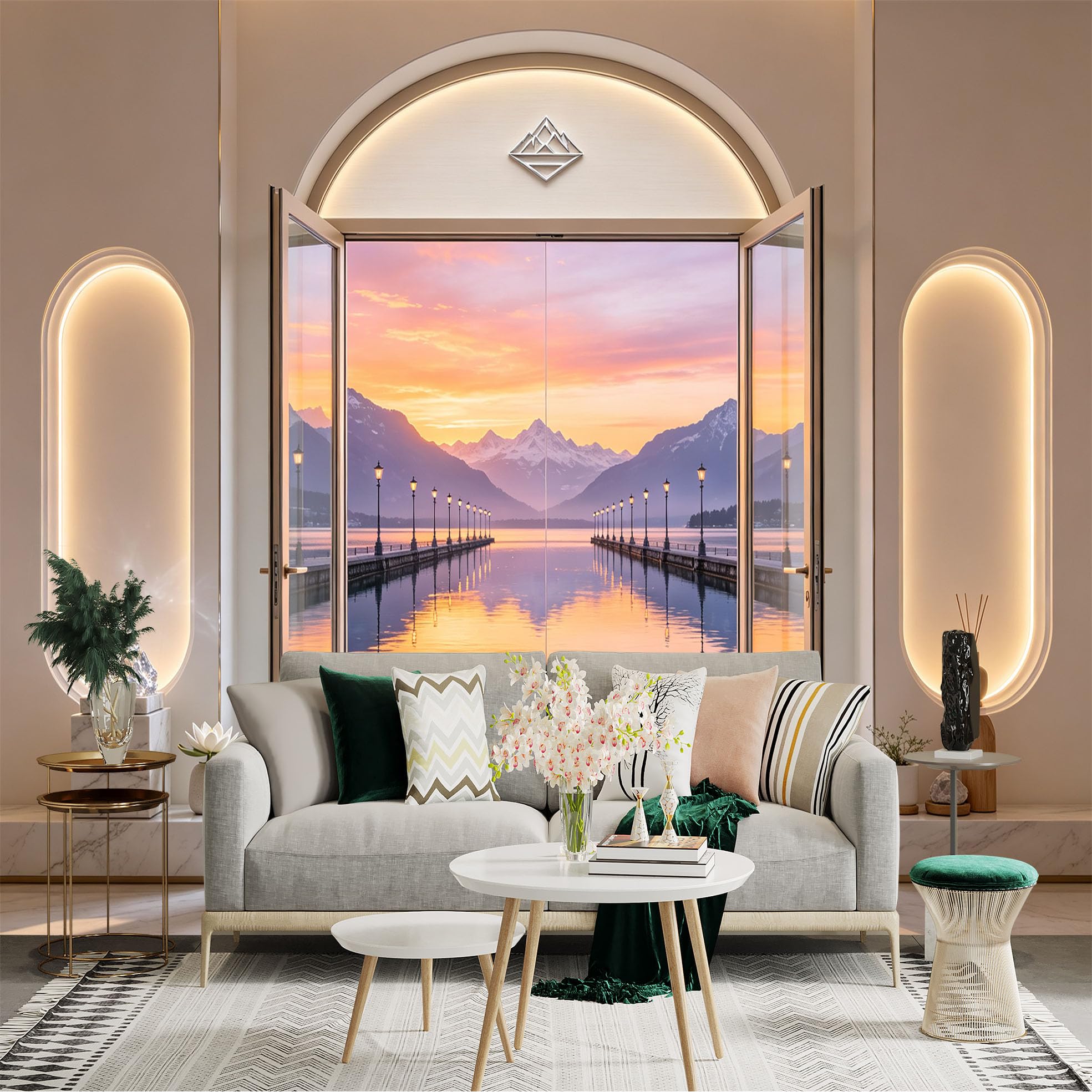 Custom Size Wall Sticker Mural， Sunset Lake View with Mountain Pier and Reflection， for wall Decoration， peelandstick wall Decals.