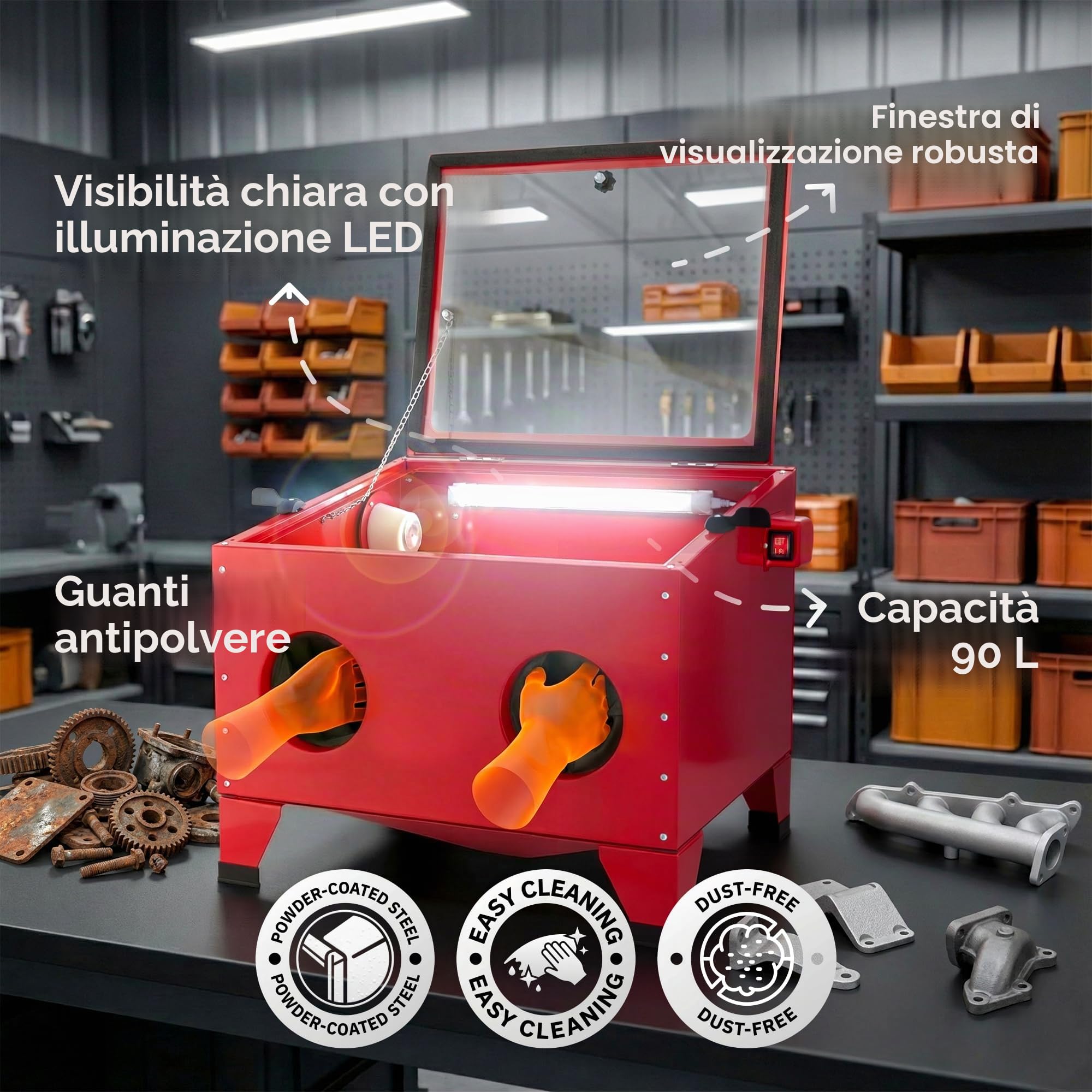 Arebos Cabina sabbiatrice 90 litri Sabbiatrice pistola getto 4 ugelli ceramica
