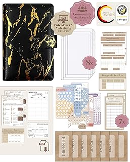BeginnerBudget® Budget Planner Deutsch - Starterset mit Sparchallenge Budgetplaner - Sparen mit Umschlagmethode + Anleitung - Ringbuch A6 - Binder A6 Marmor-Style (Schwarz)