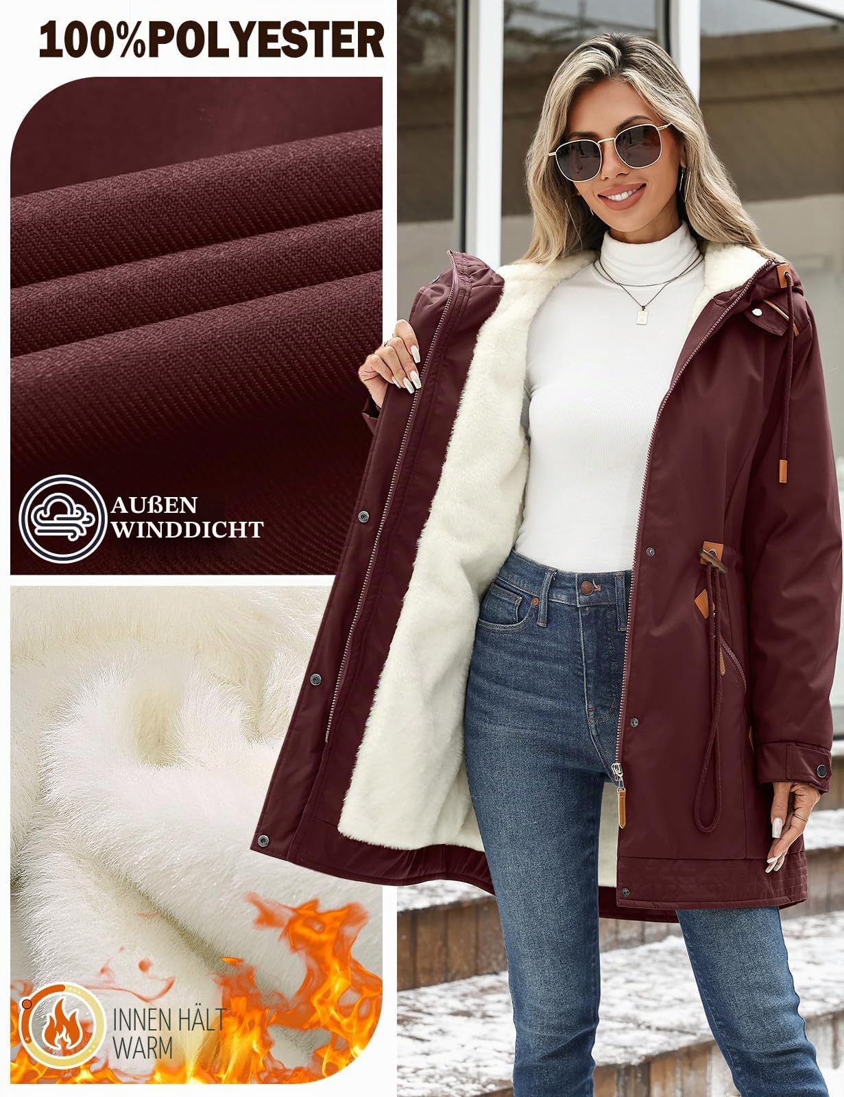 CMTOP Winterjacke Damen Warm Fleece Gefüttert Mittellang Wintermantel Parka
