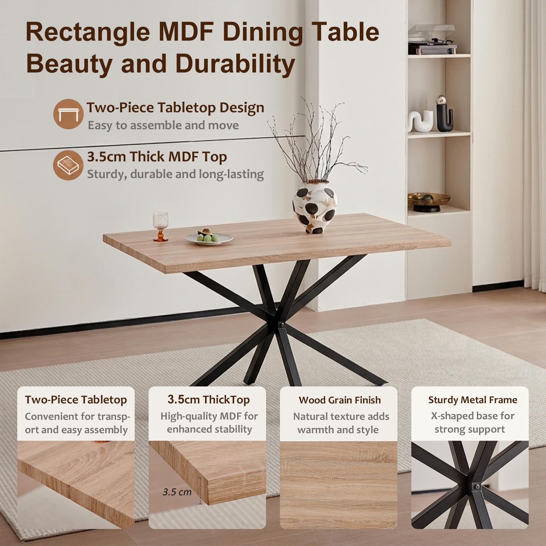 Set Tavolo e Sedie da Pranzo Moderno - 4 Sedie da Pranzo (Nero) + Tavolo da Pranzo in MDF con Gambe in Metallo (Tavolo: 140x80x75 cm)
