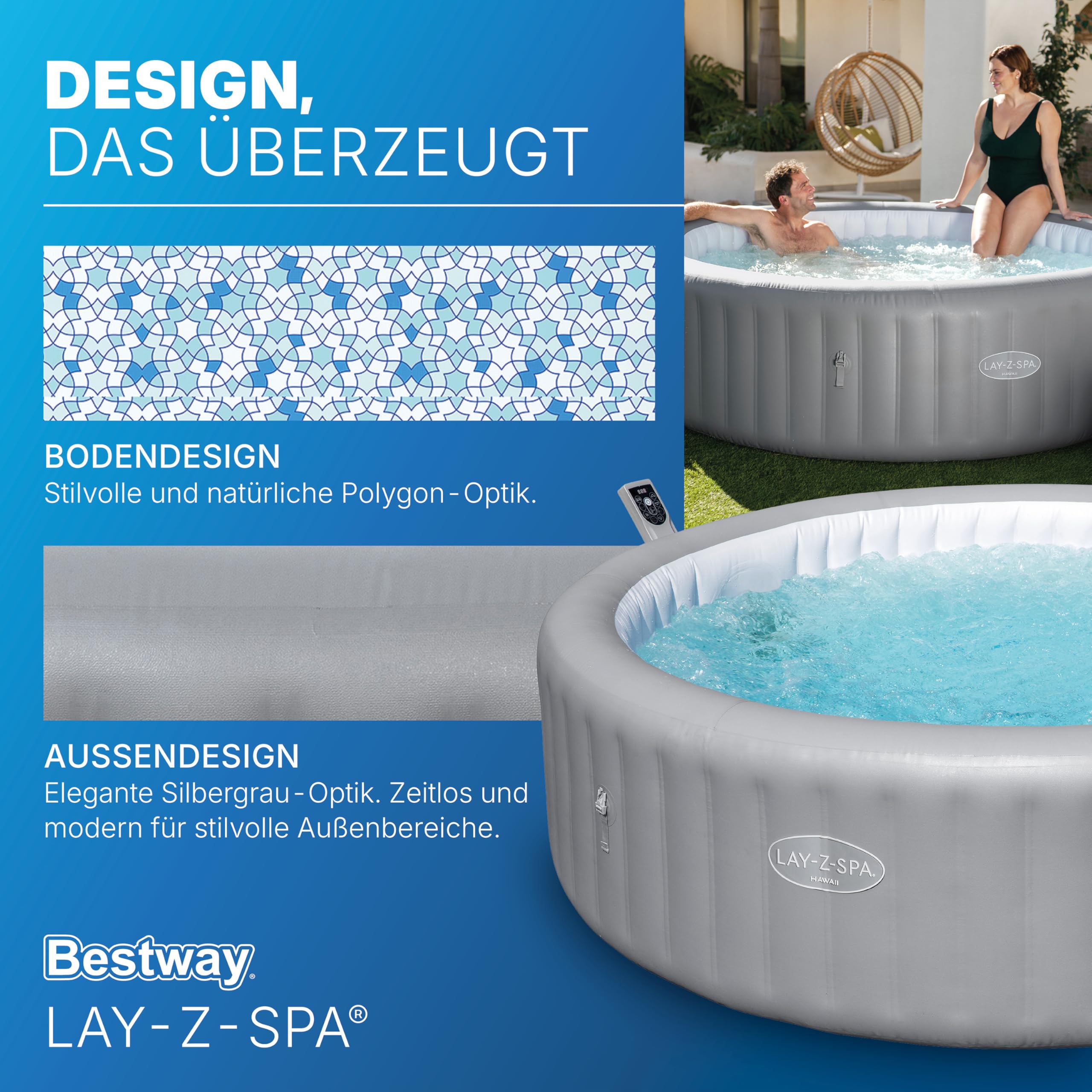 Bestway Lay-Z-Spa Hawaii AirJet Whirlpool Ø236 x 71 cm – Aufblasbarer Outdoor Jacuzzi für 8 Personen, 190 AirJet Düsen, EnergySense Dämmung, App-Steuerung, Heizung 40 °C, Frostwächter, TriTech PVC