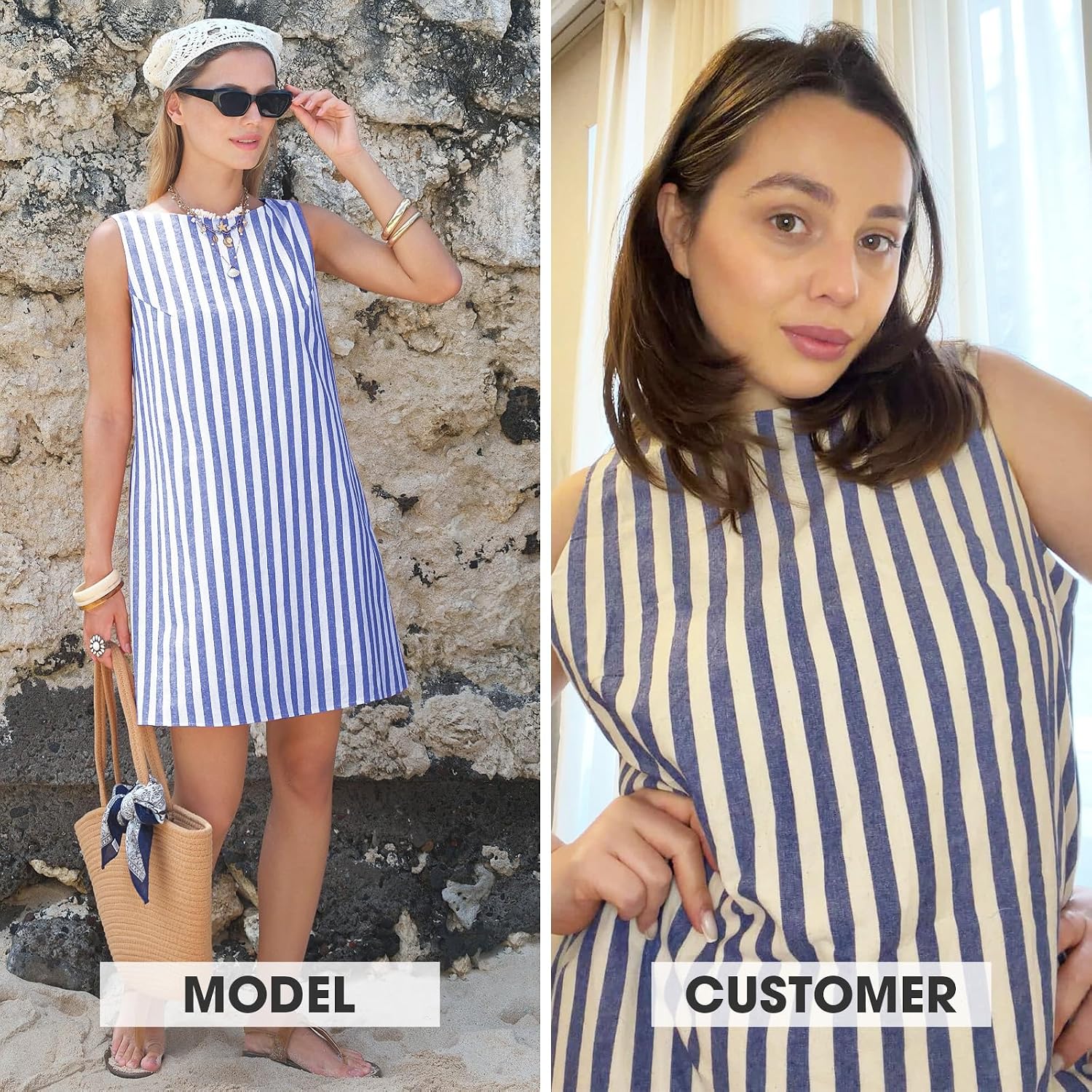 EXLURA Women Summer 100% Cotton Faux Linen Dresses Sleeveless Striped A-Line Mini Sundress Beach Vacation Dress with Pockets