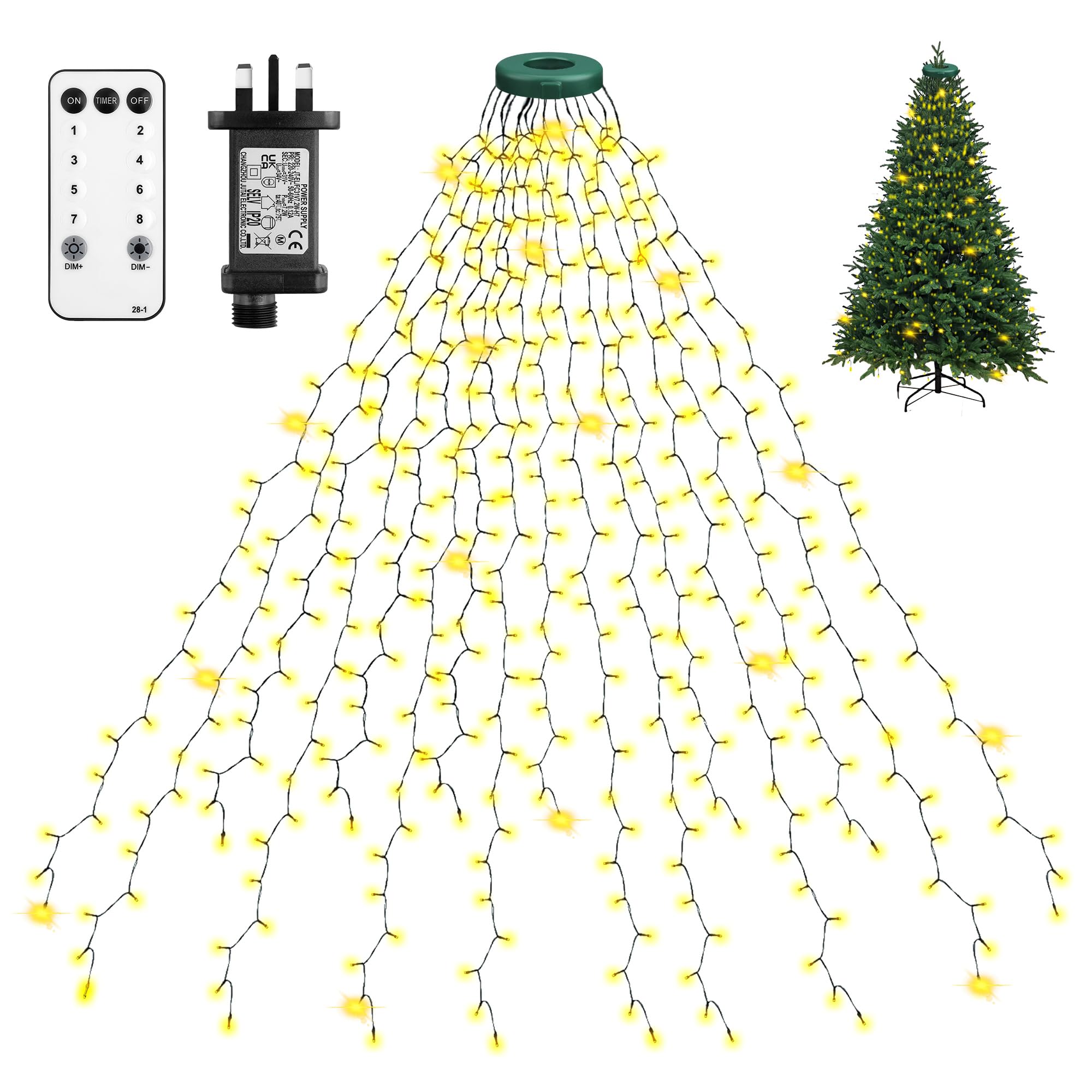 Xahpower Christmas Tree Lights, 2m x 16 Strands 400 LED Fairy Lights with Remote Control, 8 Light Modes, Waterproof & Timing Function, Christmas Lights for 1.5-2.5m Christmas Tree - Warm White