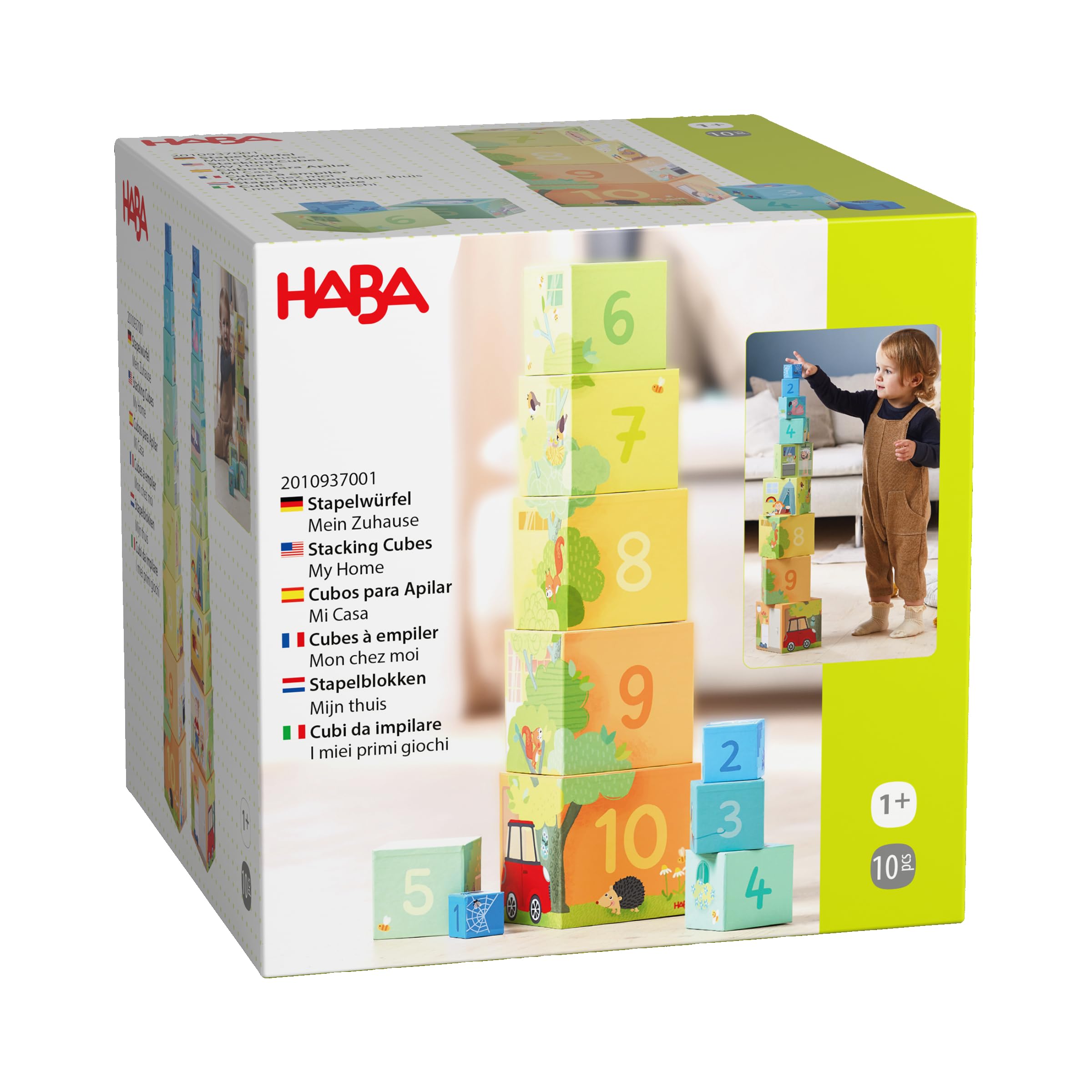 HABA My Home Stacking Cubes - 10-Piece Set Made of Sturdy Cardboard - Promotes Motor Skills & Number Comprehension - From 12 Months - Space-saving Stackable - 2010937001