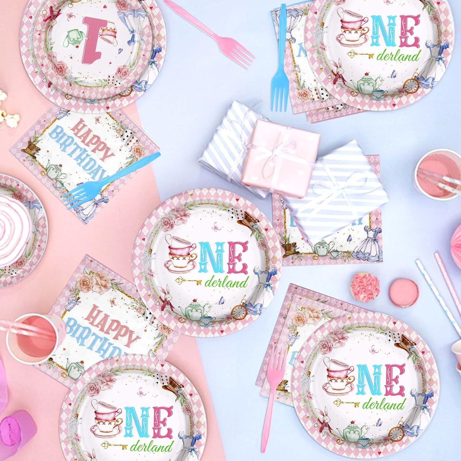 Grencian 96Pcs Onderland First Birthday Party Supplies Onederland 1st Birthday Plates Napkins Forks Disposable Tableware Set for Girls One Year Old birthday Decorations Tea Party Baby Shower Serve 24 - Image 7