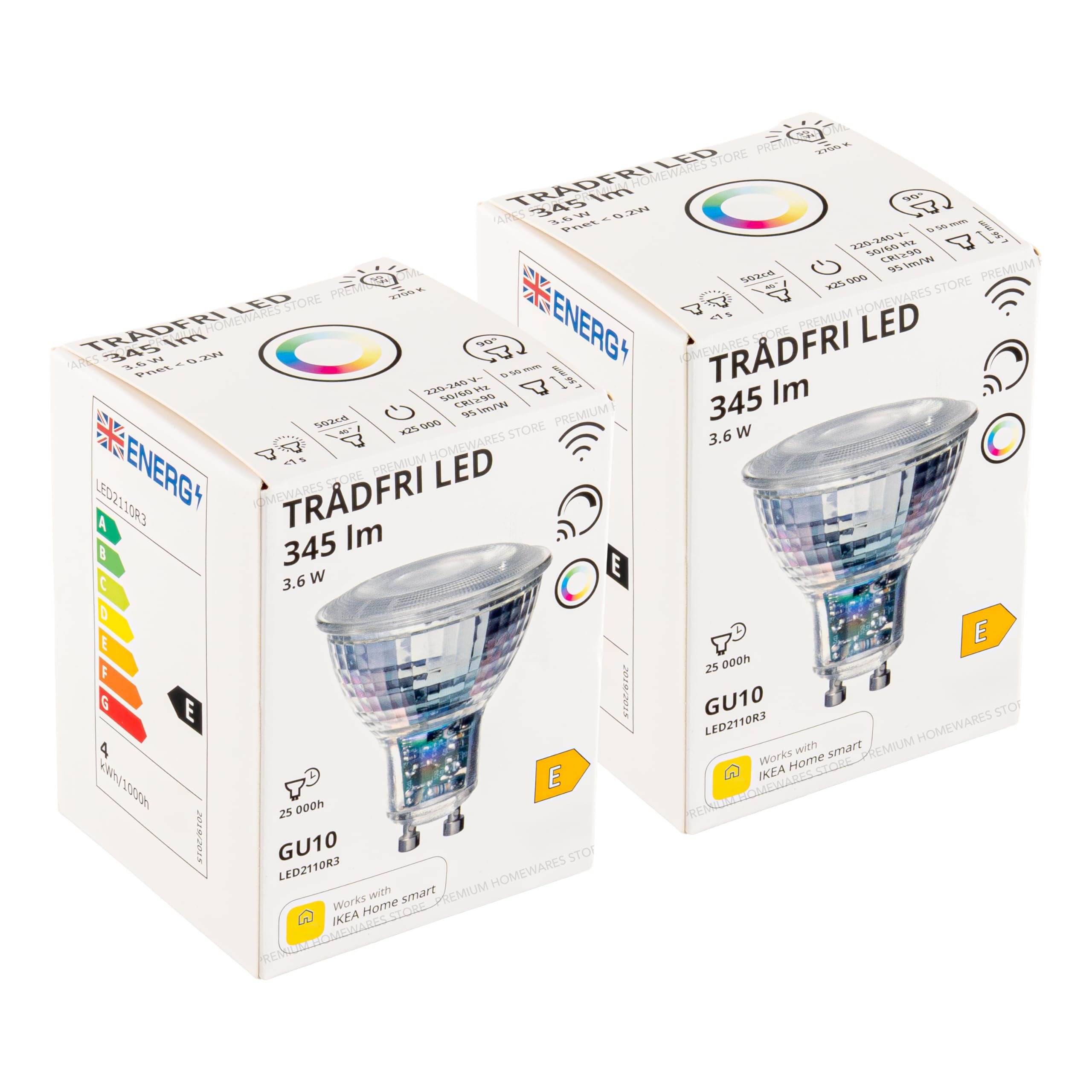 2 x TRADFRI GU10 Colour & White Spectrum (Warm/Cool) Smart Zigbee LED Bulbs, 3.6W, 345lm