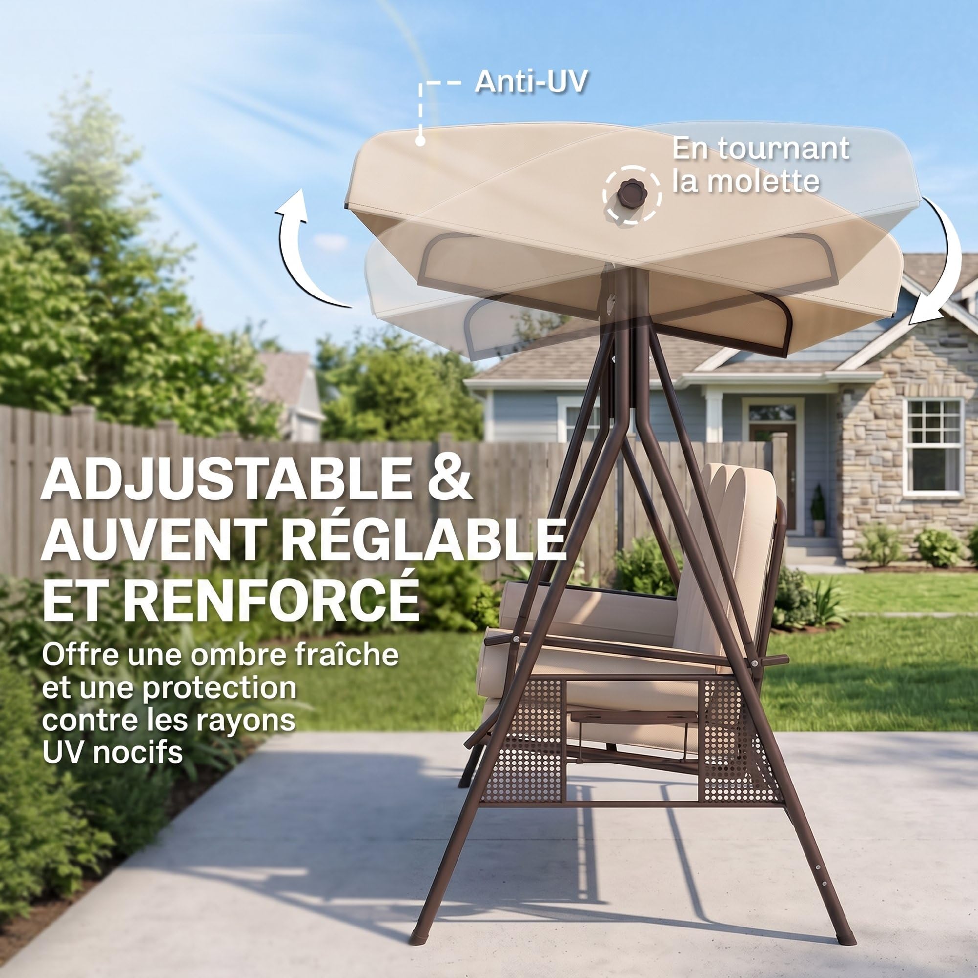 Outsunny Balancelle de Jardin 3 Places Grand Confort Toit Inclinaison réglable Coussins Plateaux rétractables Beige