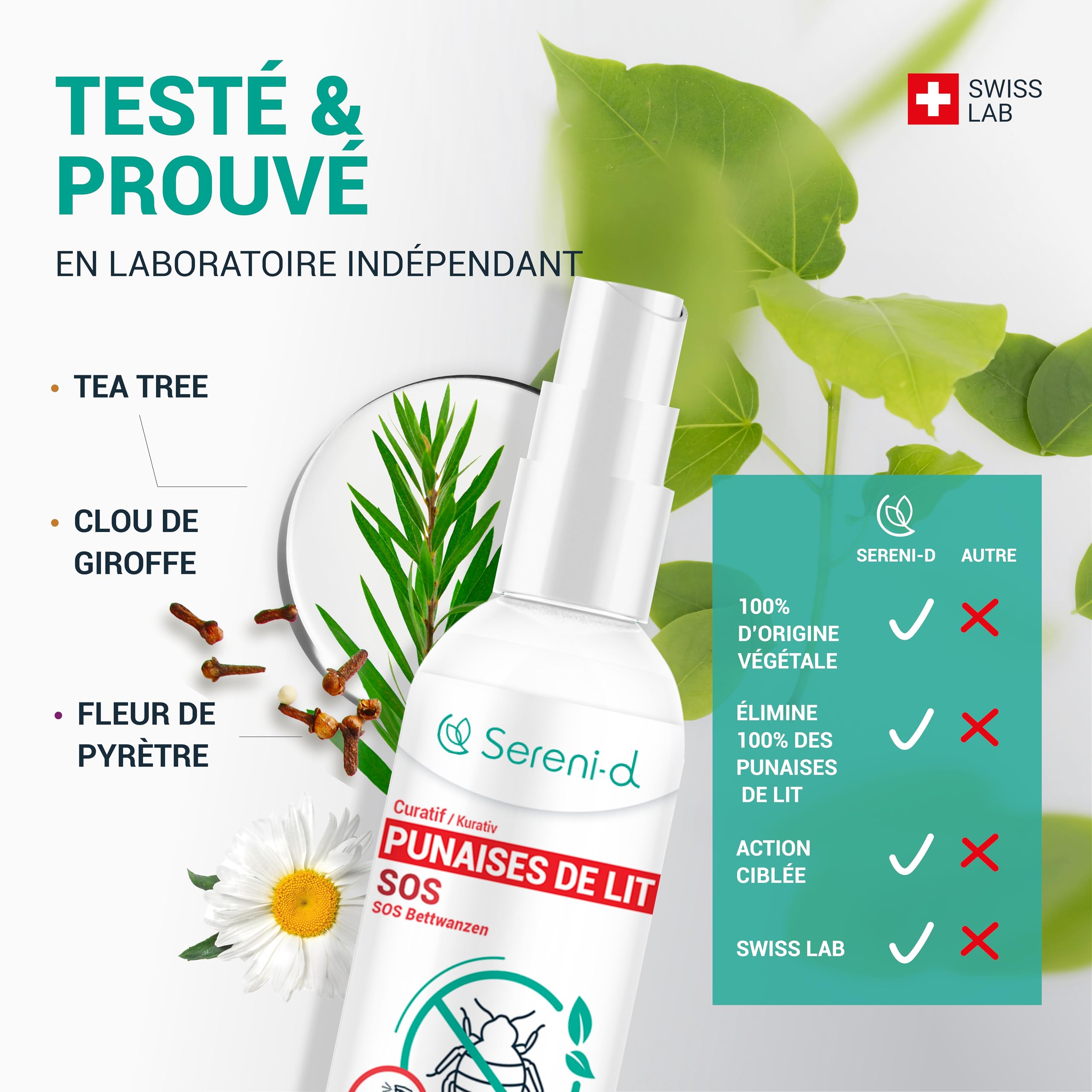 SOS ANTI PUNAISES DE LIT SUPER PUISSANT Sereni-d - Spray Insecticide CHOC Traitement naturel aux Huiles Essentielles et Fleur de Pyrèthre Végétal - Produit qui élimine les punaises de lit - 100mL