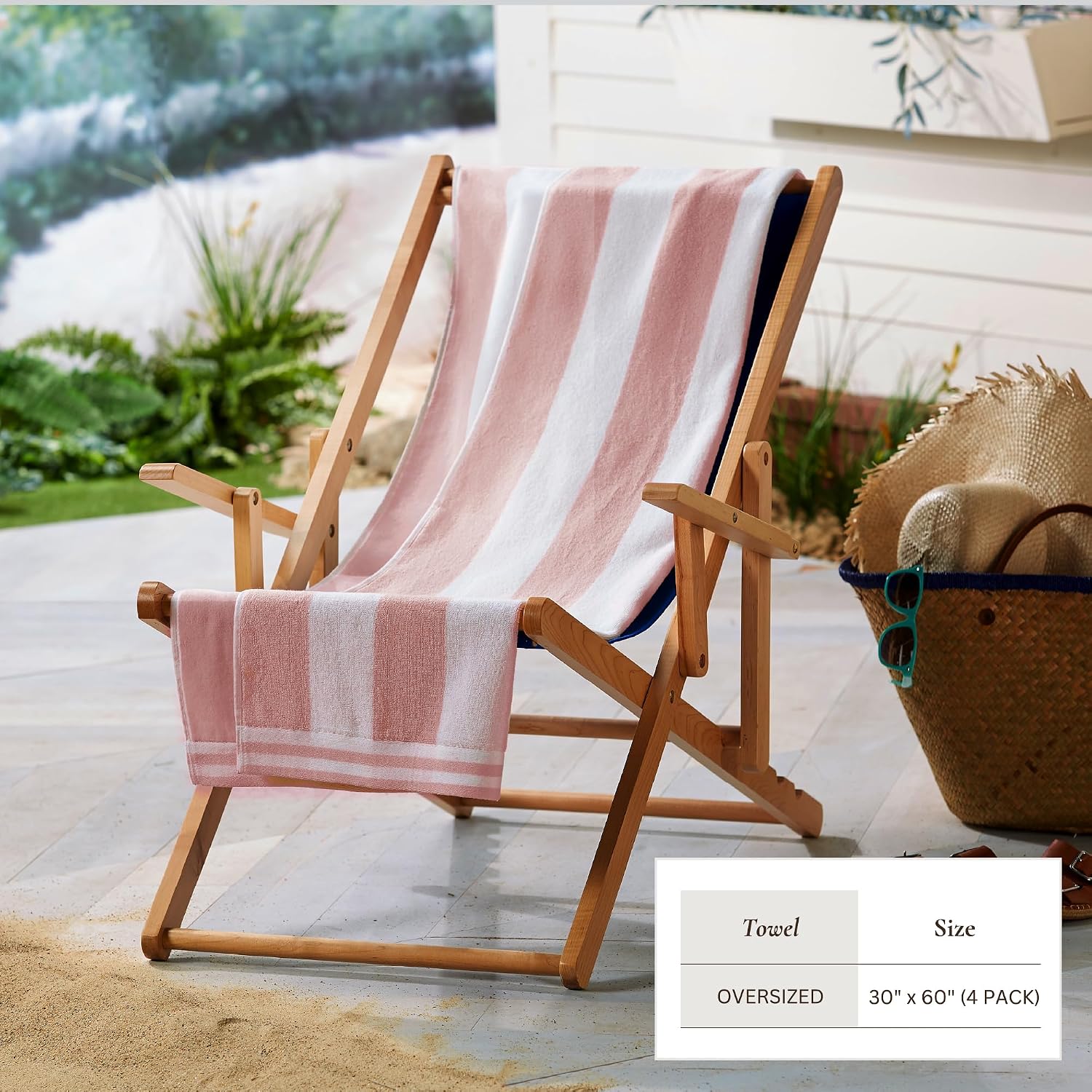 Great Bay Home 100% Cotton Velour 4 Pack Beach Towels 30" x 60" - Cabana Stripe Pool Towels - Quick Dry, Large Swim Towel (Multi - Linen, Light Blue, Eucalyptus Green, Dusty Rose).