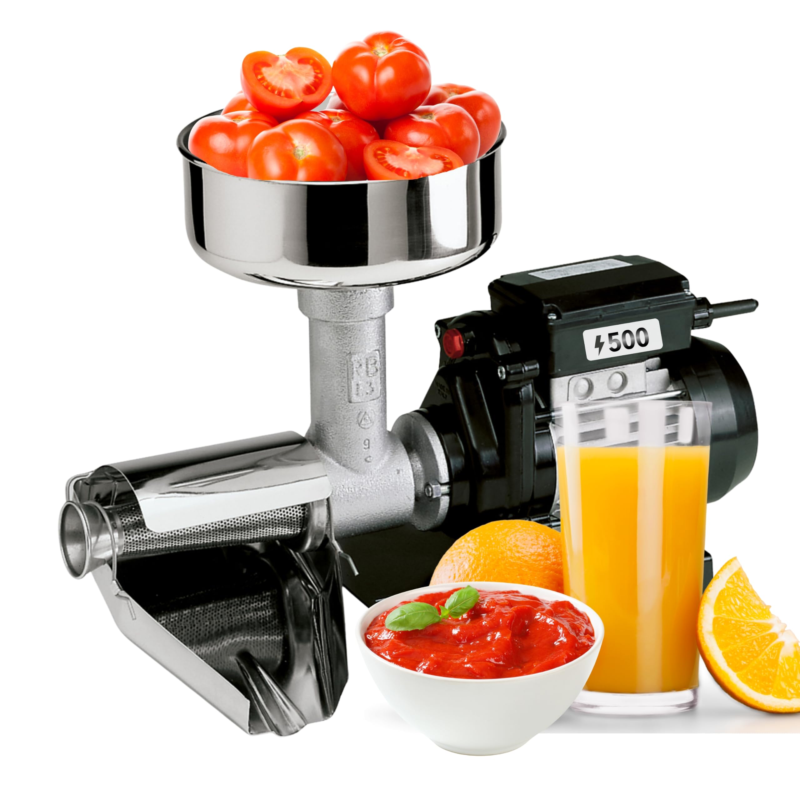 Reber Presse-Tomates Électrique N.5 500 W pour Coulis et Conserves | Pour confitures et jus de fruits, jusqu'à 340 kg/h, accessoires en acier inoxydable, moteur à induction en continu