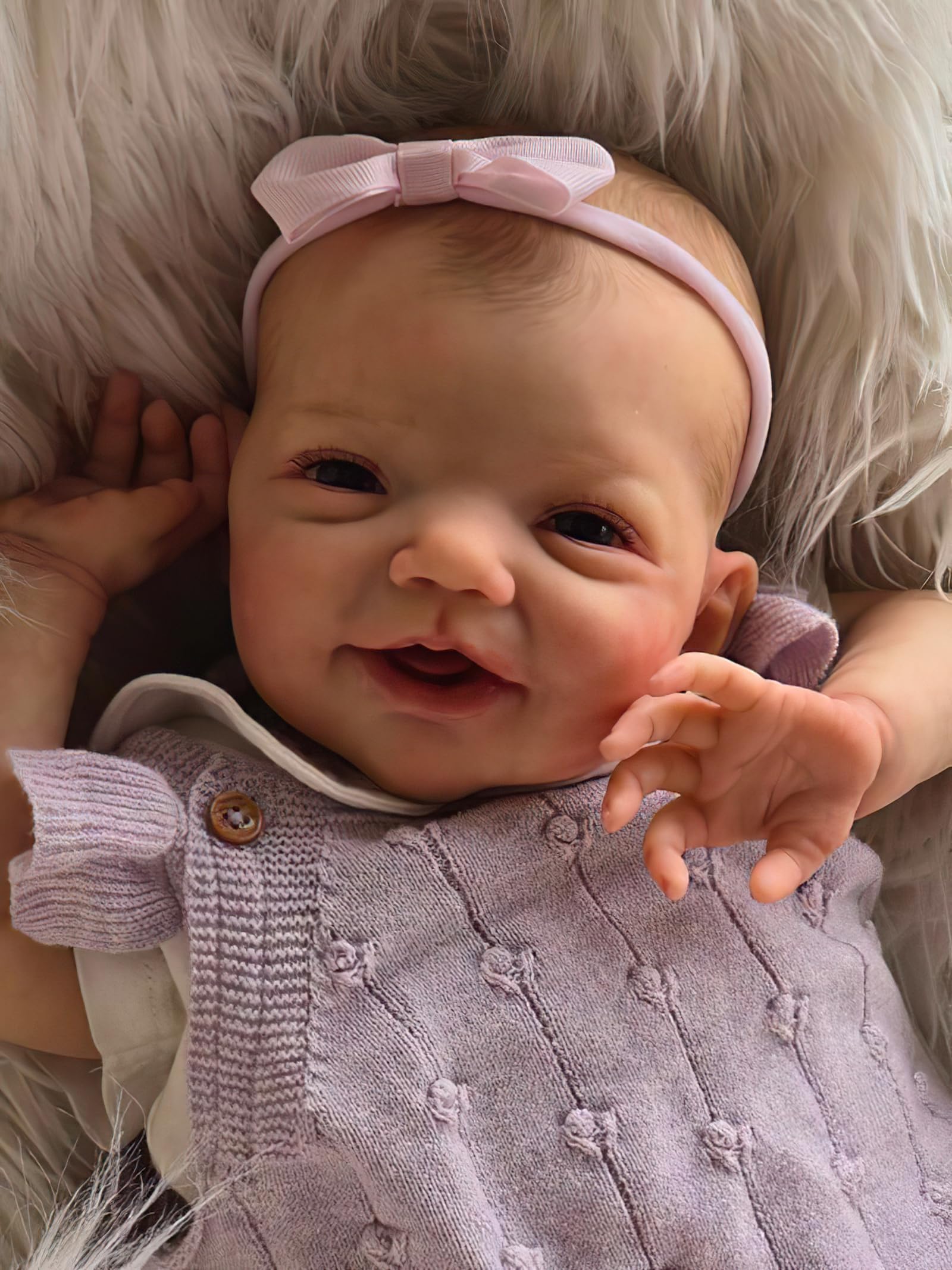 MineeQu 19 Zoll Realistische Baby Puppe Reborn Neugeborenes Mädchen Lebensechtes Süßes Lächeln Vollkörper Vinyl Handbemaltes Haar Lila Strickoutfit & Bogenkopfbinde Geschenksatz für Kinder ab 3+