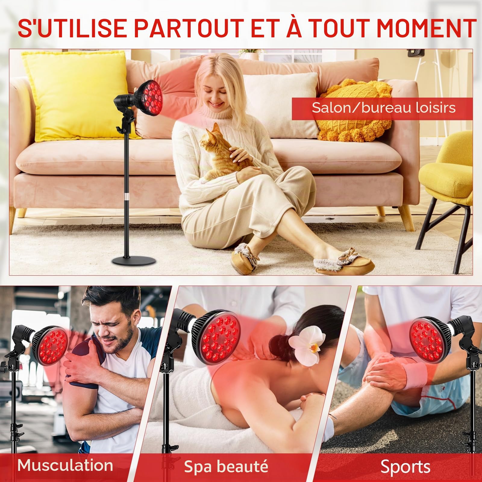 Lampe à lumière rouge avec pied, lampe infrarouge 54W 850 & 660nm, 18 LED pour thérapie par lumière rouge, chaleur profonde pour soulagement des douleurs au visage, cou et dos, efficacité et réglable