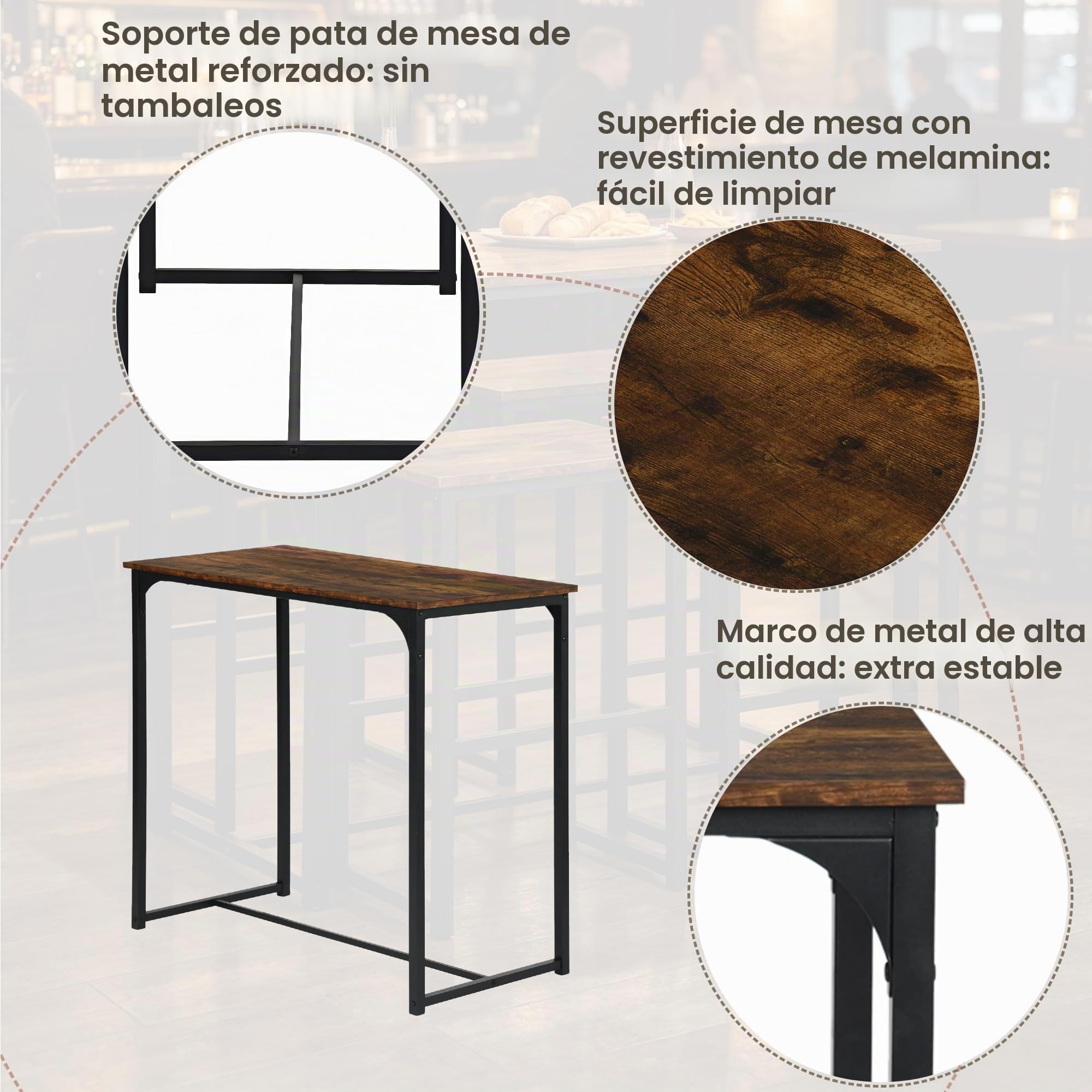 Conjunto Mesa Alta de Cocina con 4 Taburetes, Mesa Comedor con Sillas Industrial para Comedor, Cocina, Mesa de Bar 100 × 50 × 90 cm, Sillas 40 × 30 × 65 cm, Negro Mate + Veta Madera Retro