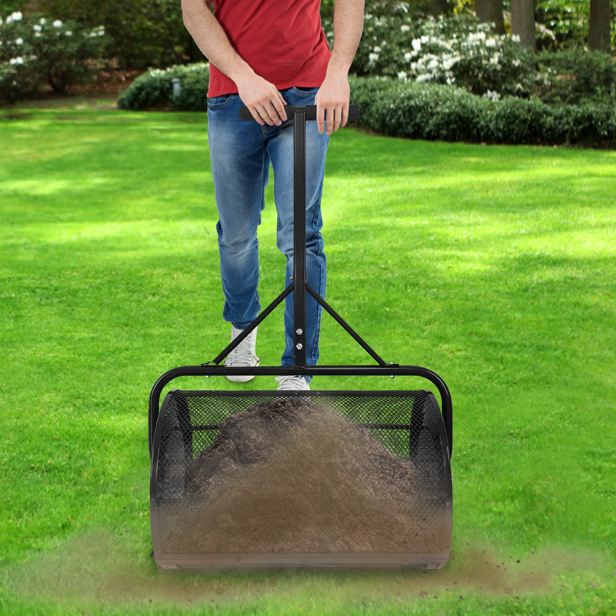 SUBTLETY 80 l rozsiewacz nawozów i nawozów kompostowych do trawy Torfowa sitko z gąbką metalowy uchwyt i kosz siatka Ø40x65cm przenośny rozsiewacz maszyny do przesiewania ziemi