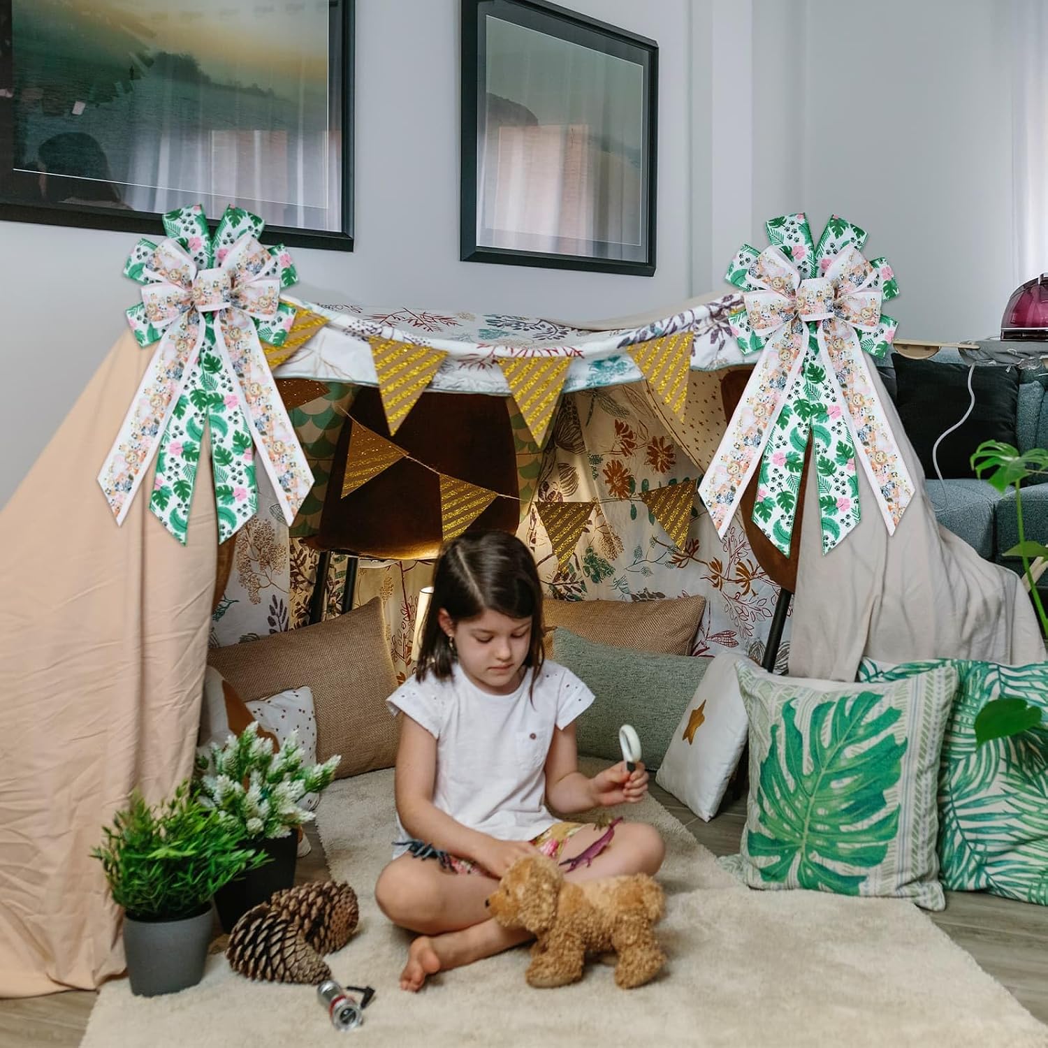 YKW Large Safari Animal Wreath Bow, 20.87" Tropical Zoo Theme Decoration with Wire Edge for Front Door Welcome Home Holiday Party Decor Indoor Outdoor (Safari Animal)