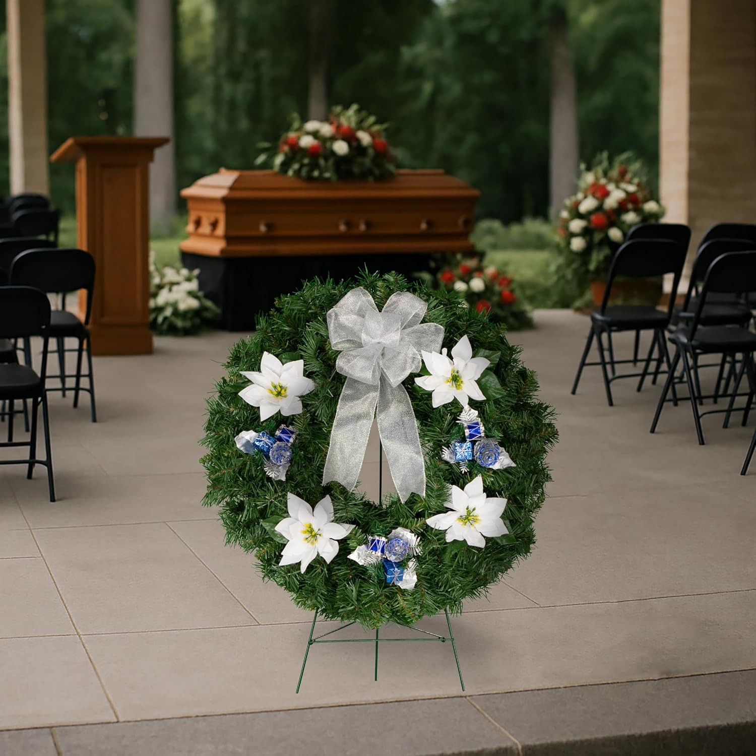 Sympathy Silks - Flowers for Cemeteries - Artificial Christmas Wreath - Blue Decorations with White Poinsettia and Silver Bow (1) Wreath (1) Easel