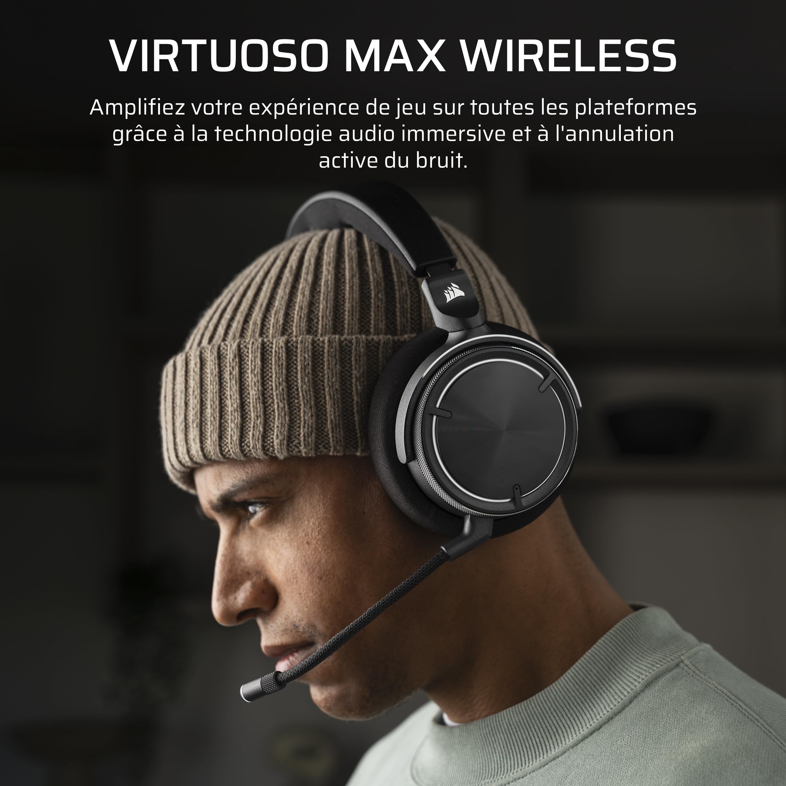 Corsair Virtuoso Max Wireless Casque de Jeu avec Bluetooth – Carbone | Dolby Atmos, SoundID, L'annulation Active, Microphone Qualité Radiodiffusion, Transducteurs en Graphène – PC, Mac, PS5, PS4