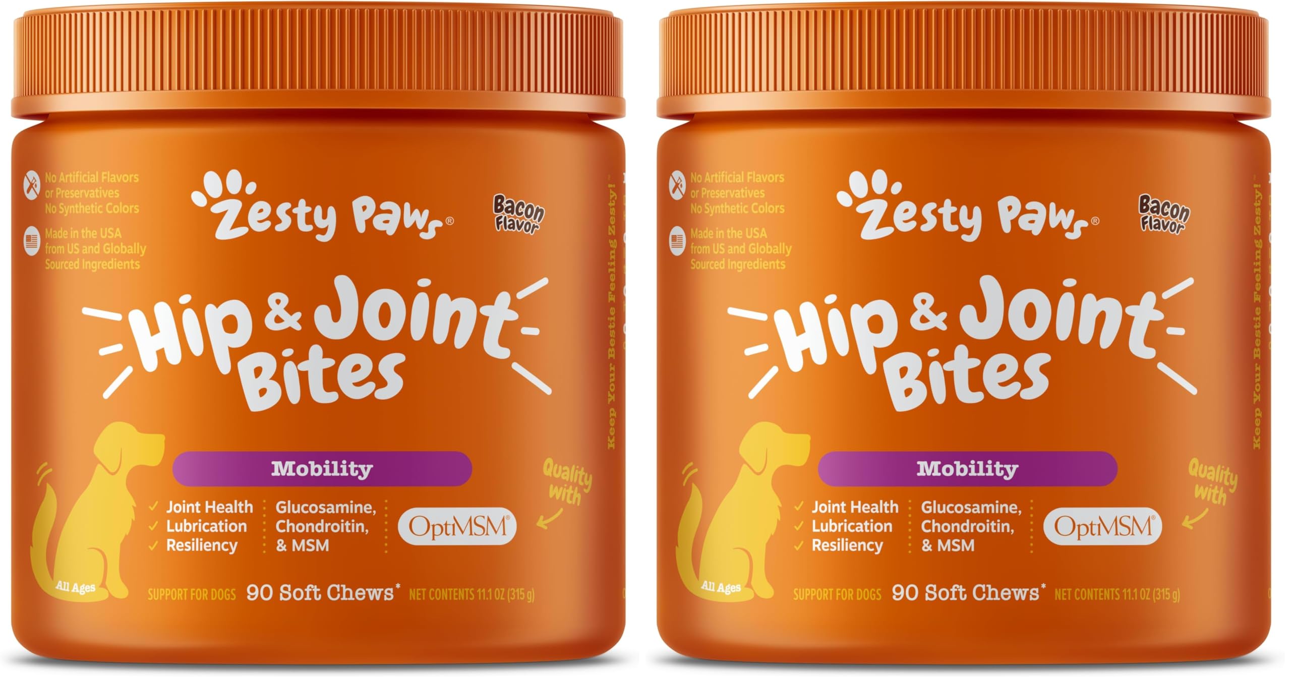 Zesty Paws Hip and Joint for Dogs, Glucosamine for Dogs Hip and Joint Supplement with Chondroitin, MSM, Vitamins C & E - Bacon, 90 Count (Pack of 2)