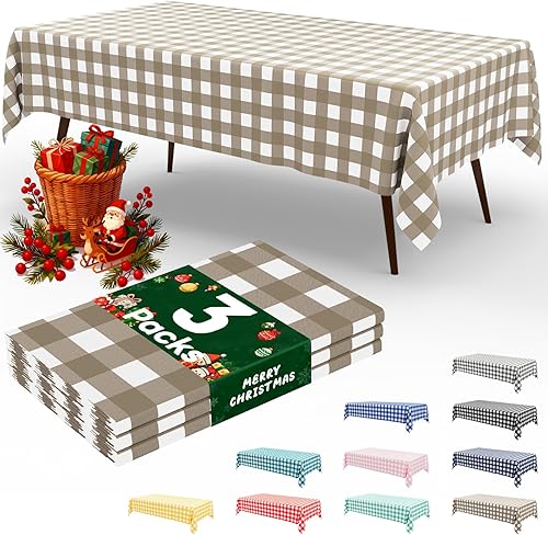 misaya 3 paquetes de manteles desechables de búfalo, mantel de plástico impermeable de 54 x 108 pulgadas, manteles rectangulares blancos y caqui a