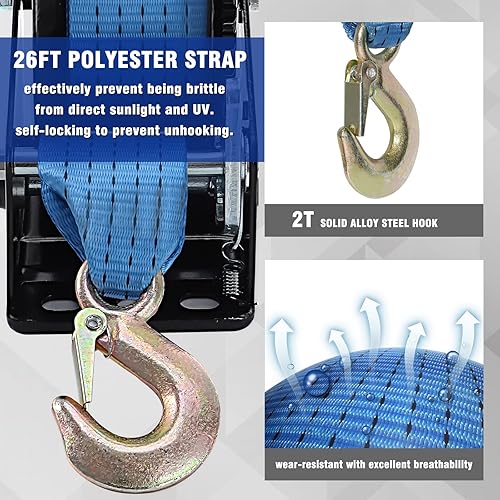 Miniatura 3 de Cabrestante de mano para remolque de barco, gancho resistente de 1600 libras con correa de poliéster de 26 pies, cabrestante manual de trinquete