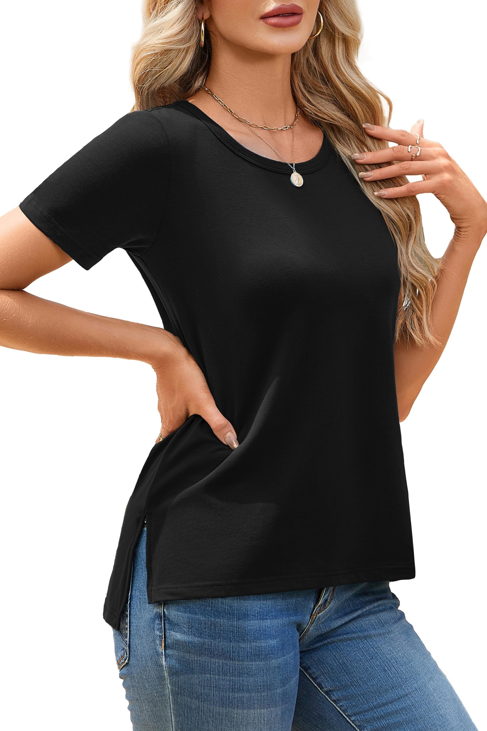 Herou Summer Women Casual Short Sleeve Tops T-Shirts Tees with Side Split