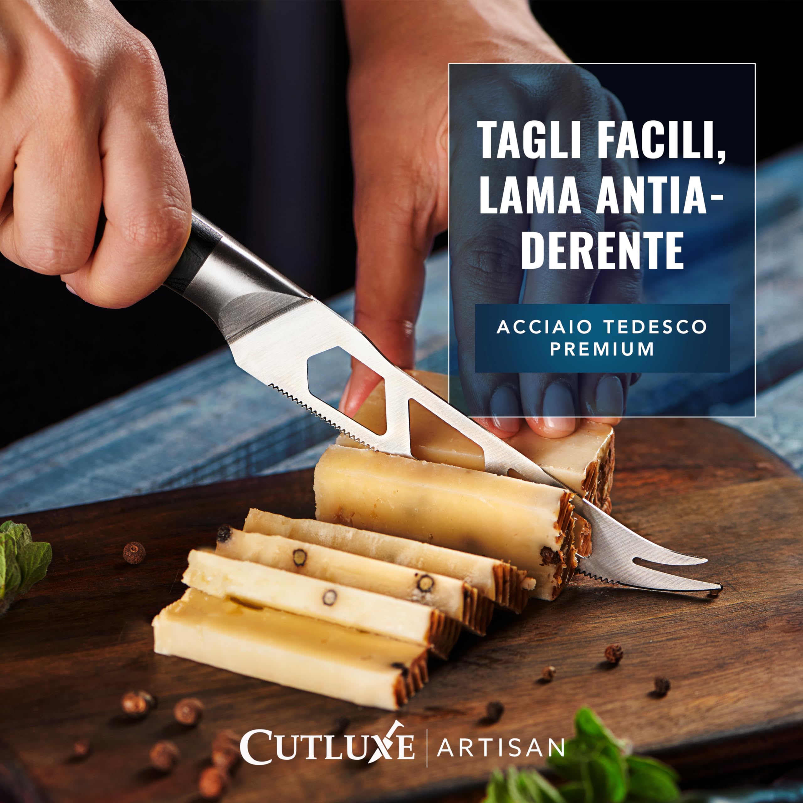 Cutluxe Coltello Formaggio 13 cm – Lama Forcata, Seghettata e Antiaderente – Acciaio Tedesco ad Alto Tenore di Carbonio – Maniglia Ergonomica – Serie Artigianale