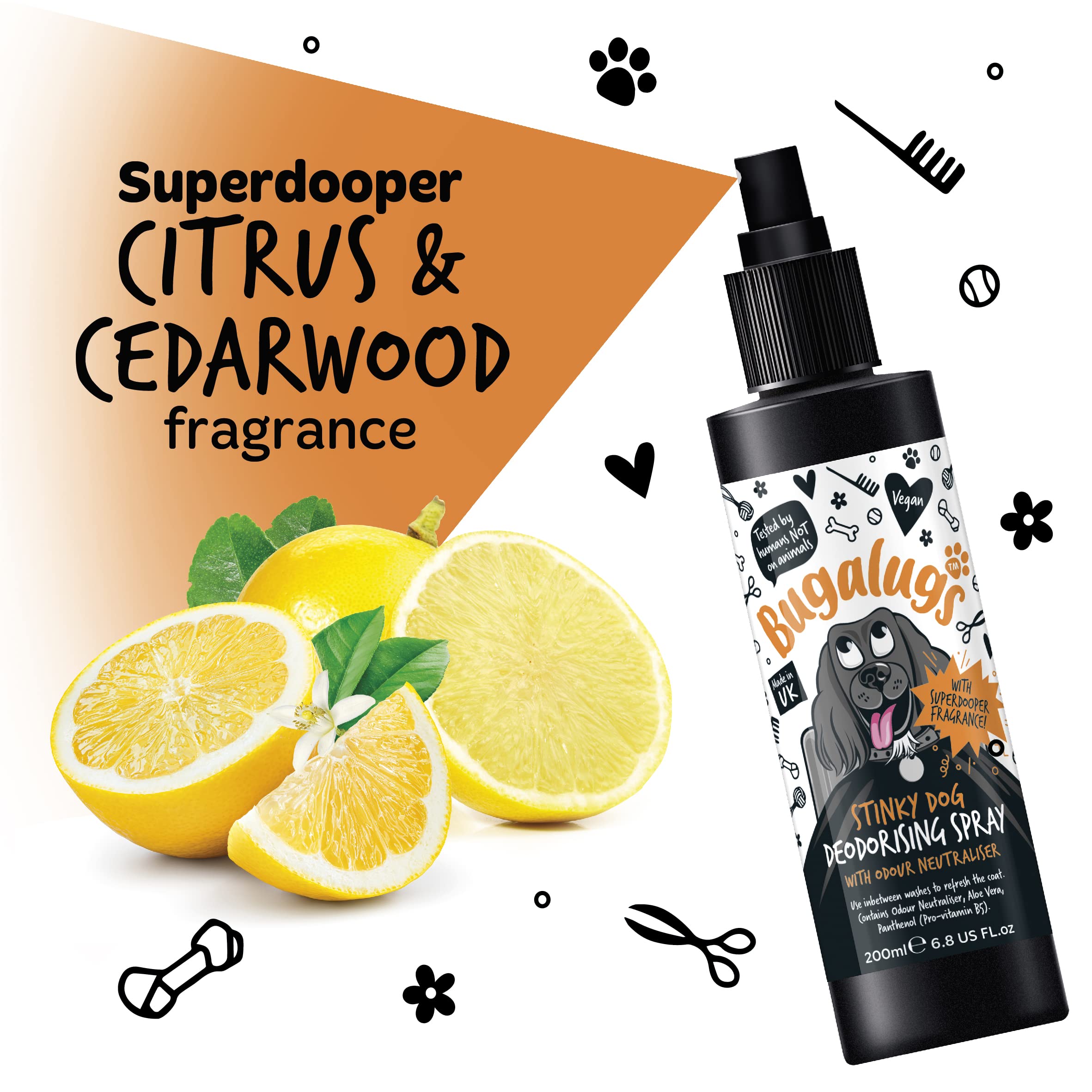 BUGALUGS Stinky Dog Deospray für Hunde, Geruchskontrolle, 200 ml, beseitigt schlechte Gerüche, frischer und langanhaltender Duft, weiche Formel, für den täglichen Gebrauch, alle Arten von Fell und