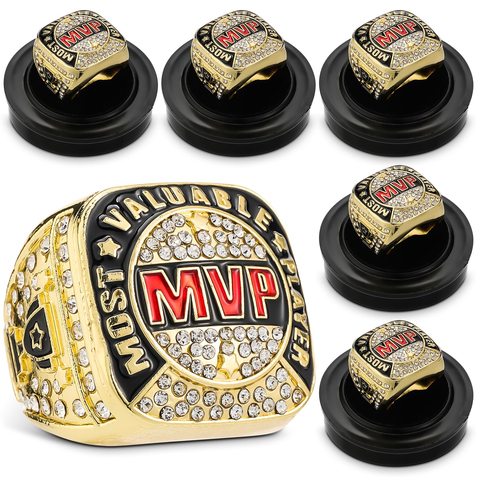 Loetere MVP Most Valuable Player Trophy Ring Sports Rings Championship Ring with Display Neck Chain for Winner Tournament League Team Award Gift