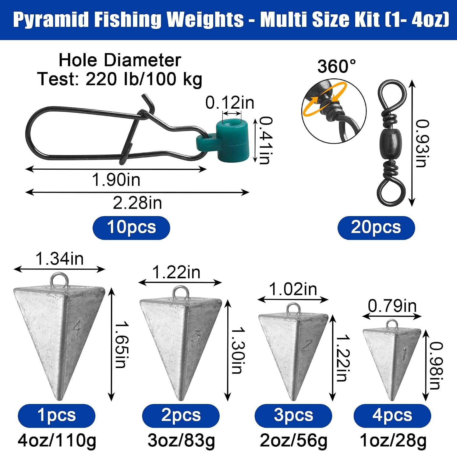 Pyramid Sinkers Surf Fishing Weights, Saltwater Catfishing Rig Tackle with Sinker Slides Barrel Swivels Pyramid Weights for Ocean Beach Pier Fishing Gear Tackle 1oz 2oz 3oz 4oz