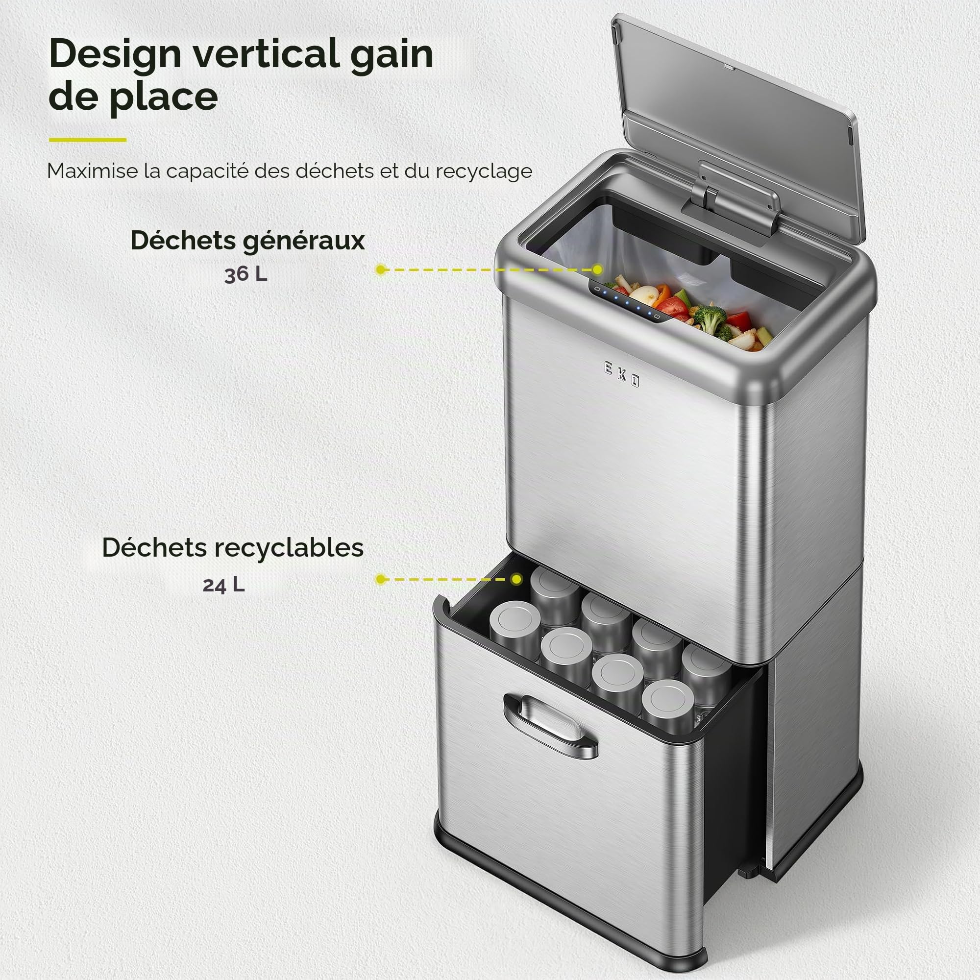 EKO Poubelle de cuisine vintage avec détecteur de mouvement, double compartiment de 32 L + 18 L, en acier inoxydable, sans contact, poubelle de recyclage automatique avec couvercle pour la maison ou