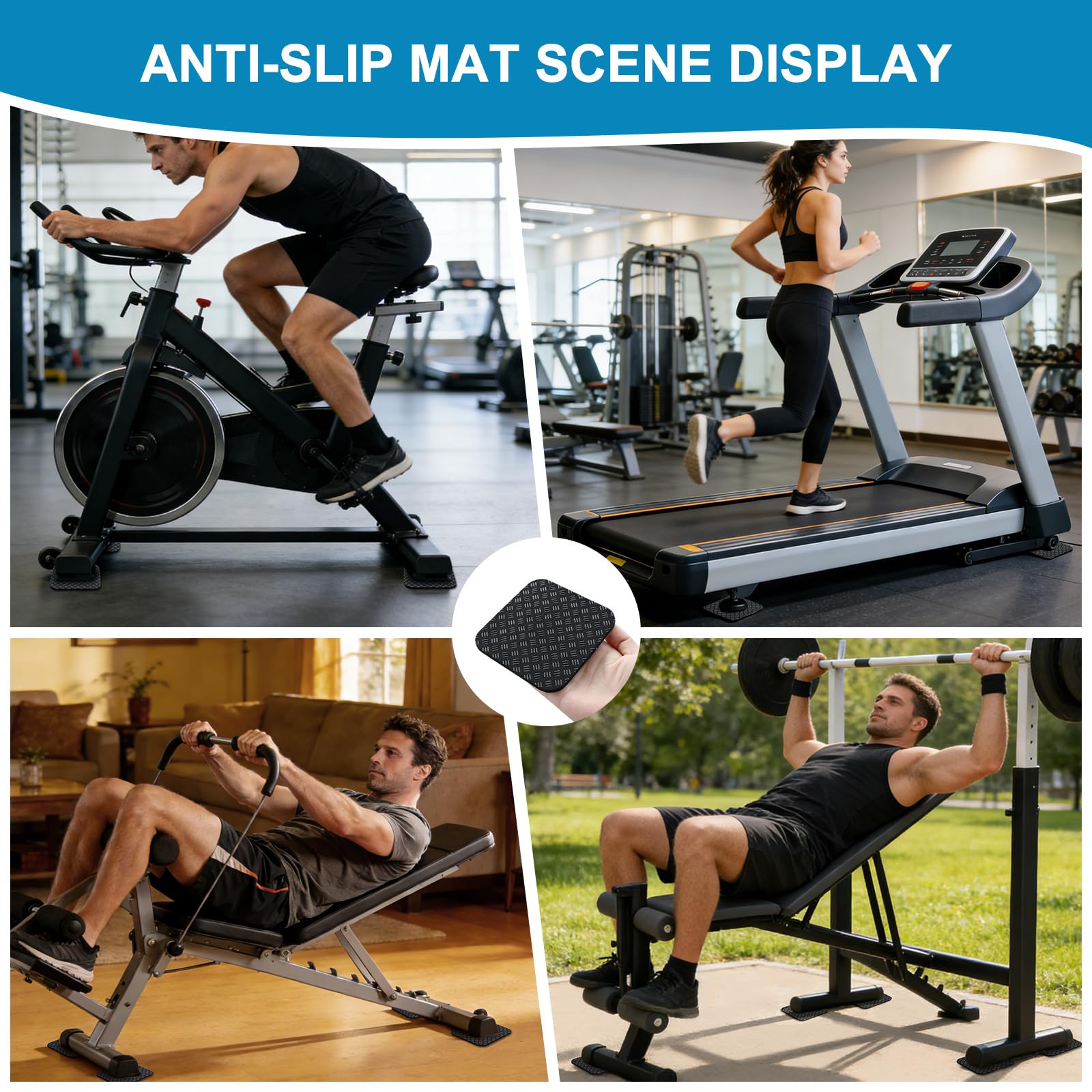 Pack de 6 Almohadillas para Cinta de Correr Antideslizante Doble Cara, 10x10x0,5cm Alfombra de Goma para Exteriores, Cojín Antivibración de PU para Bicicleta Estática, Fitness y Lavadora, Negro
