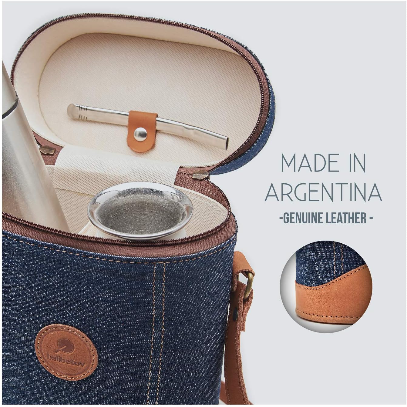 BALIBETOV Insulated Carry Tote Matera Bag for Yerba Mate Gourd and Thermo I Modern Practical Bag for Men, Women at Work, Outdoor, Travel, Picnic (Blue Jean)